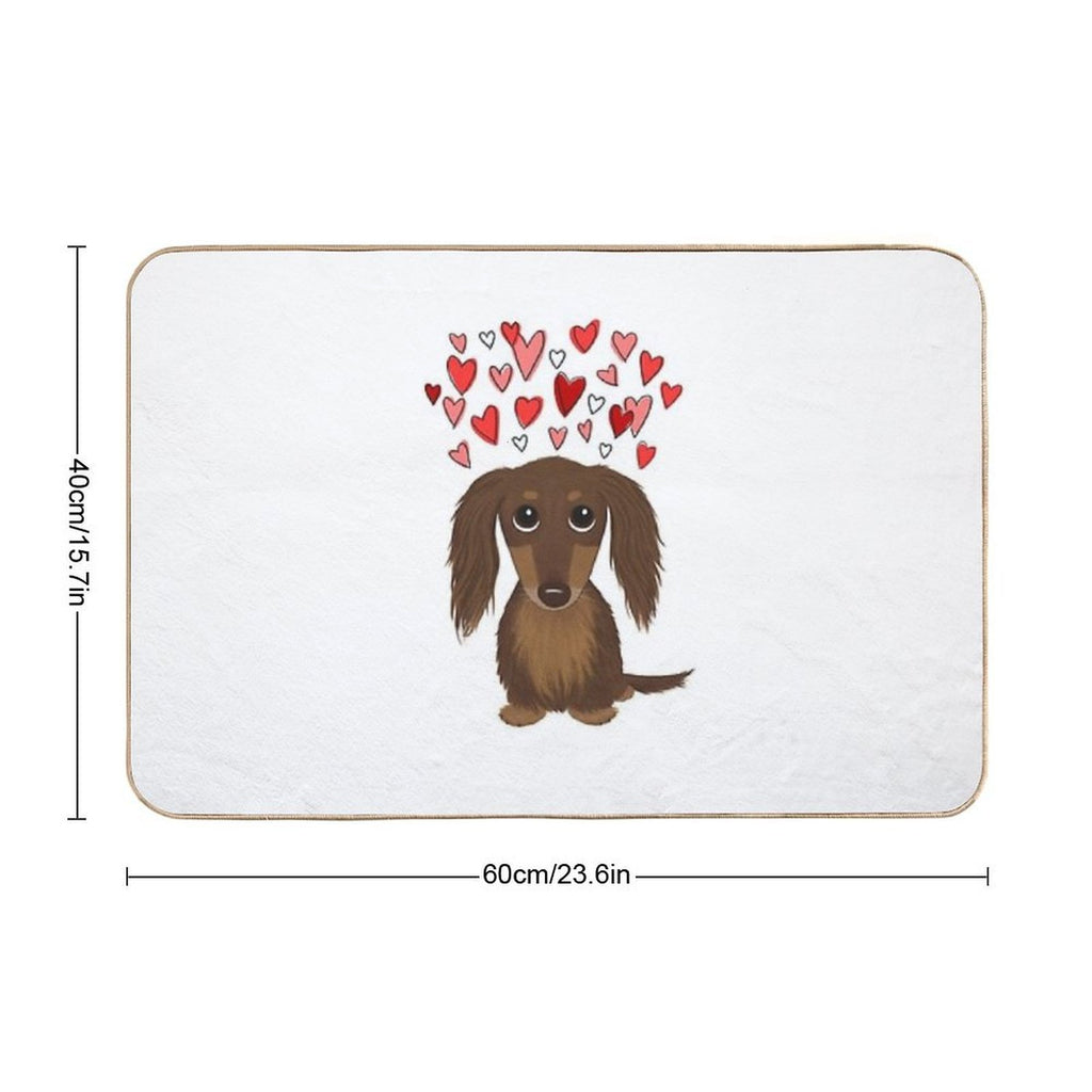 Hearts Dog Longhaired Chocolate Dachshund Cartoon Dog with Valentine Hearts  Non-Slip Bath Mat