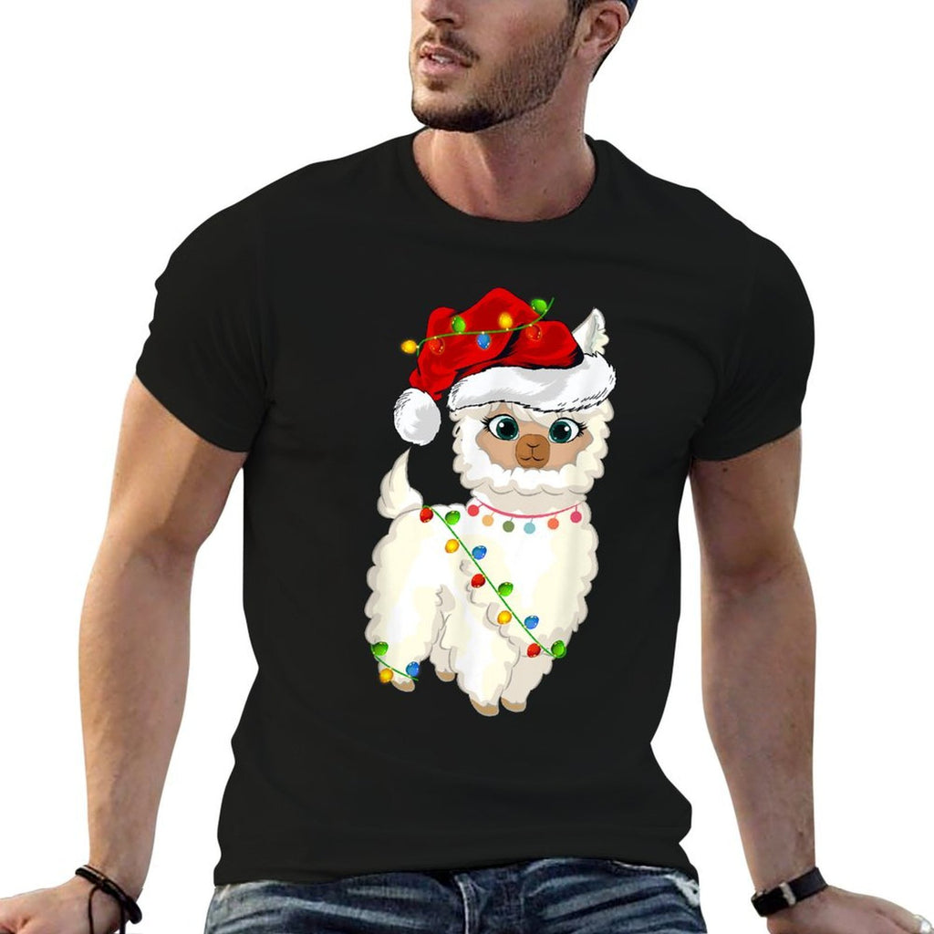 Xmas Lights Santa Hat Llama Christmas  Lightweight T-Shirt