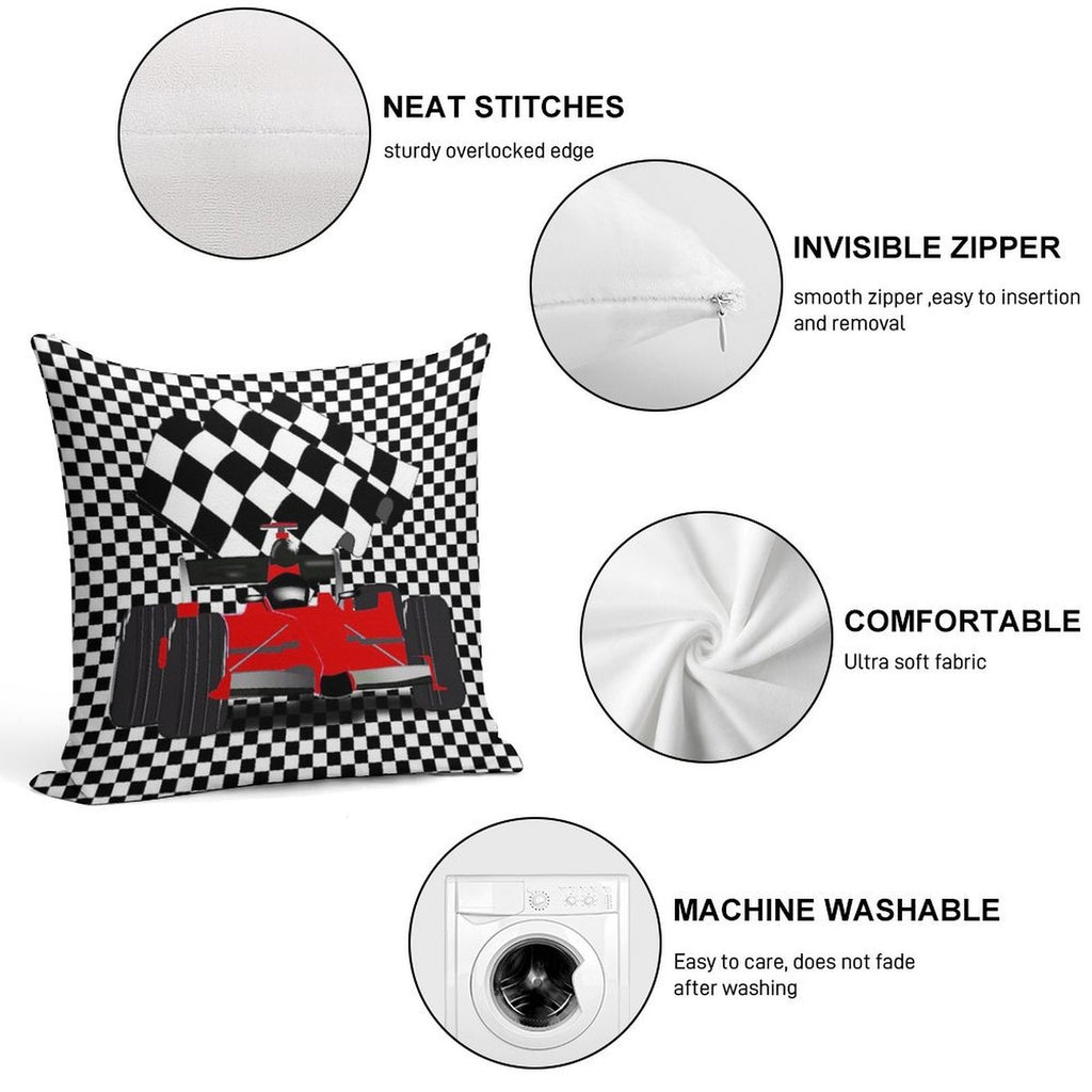 Red  Race Car with Checkered Flag Soft Shrink-Resistant Throw Pillow