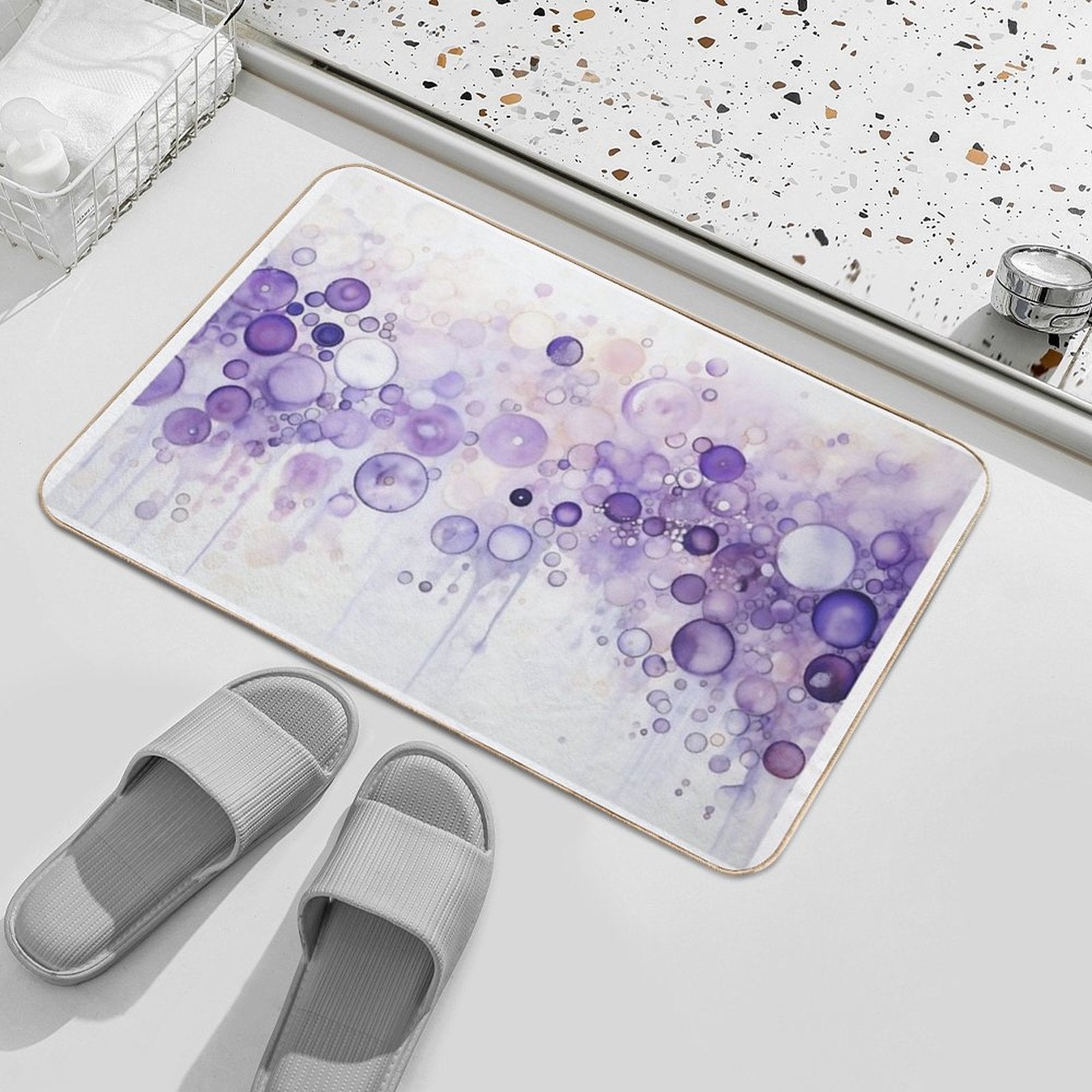 Dripping Purple Bubbles Watercolor Art  Anti-Trip Bath Mat
