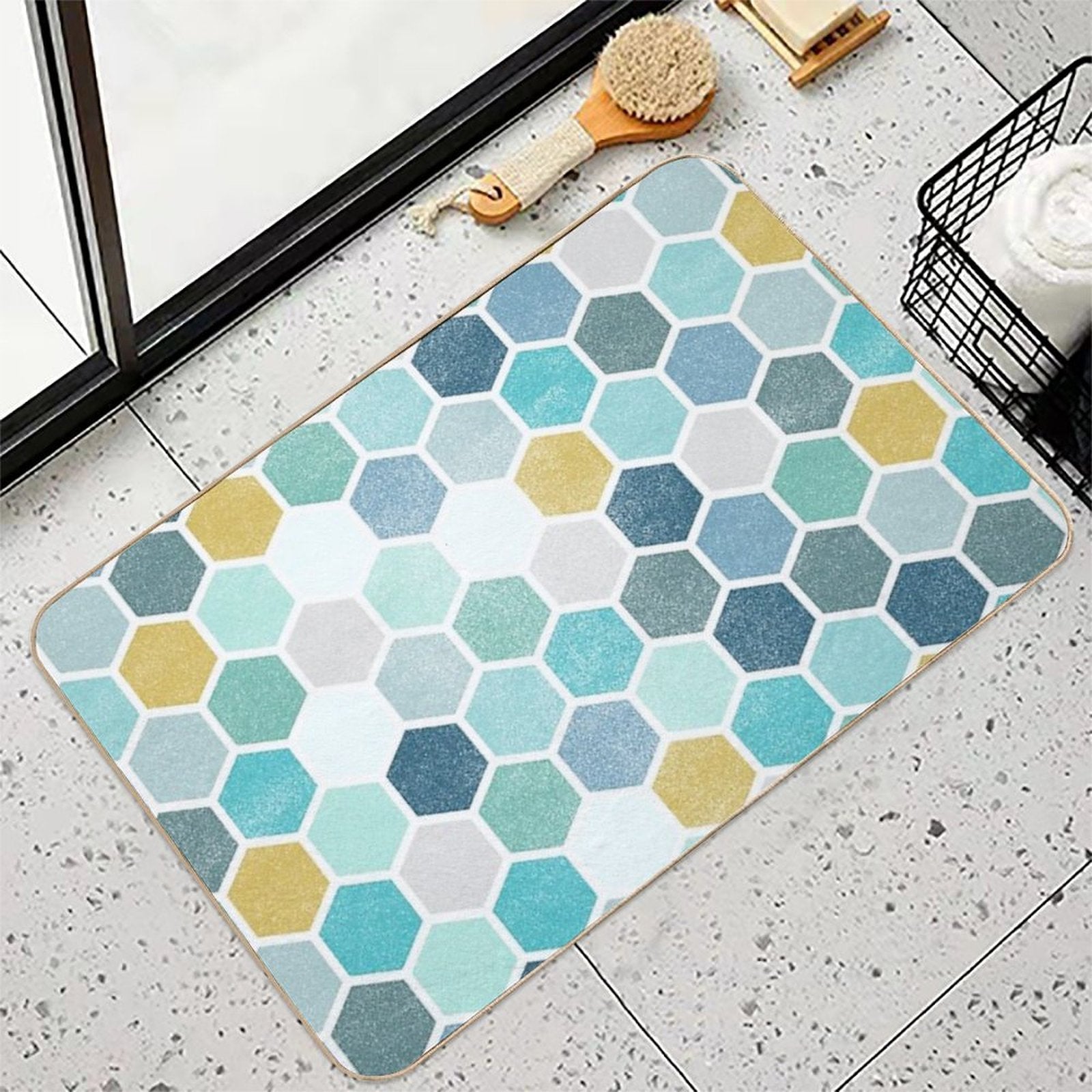 Blue Hue Hexagon Pattern  Fade-Resistant Bath Mat
