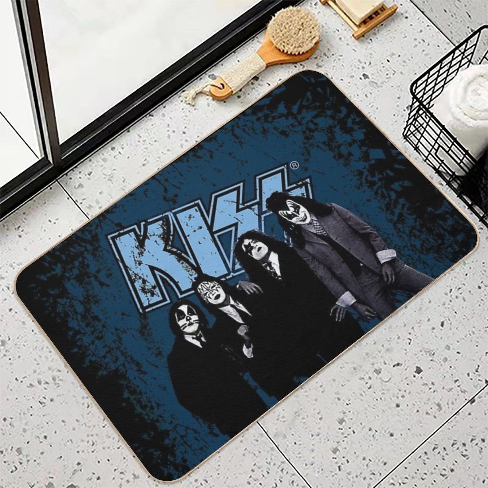 KISS ® The Band - Blue Background Logo Grunge  Easy To Clean Bath Mat