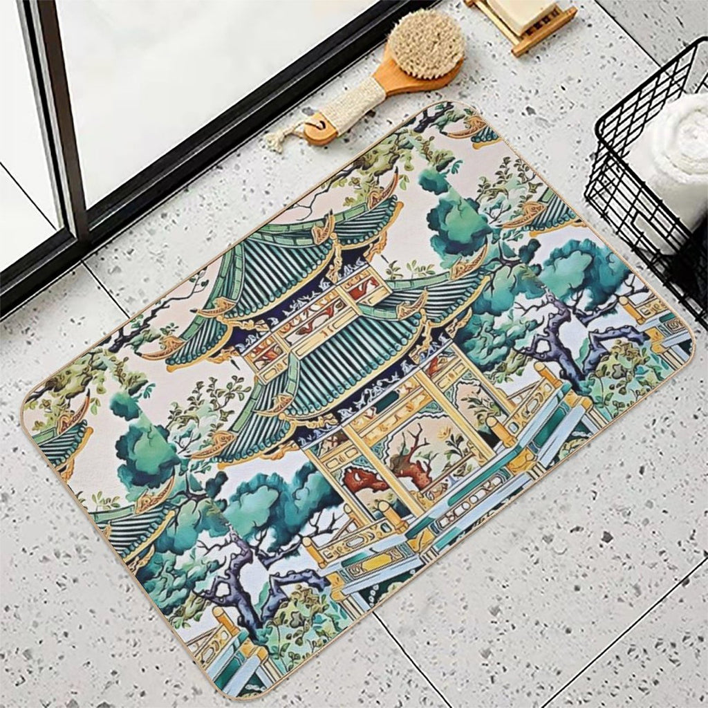 Ceramic Tile Folk Art - Chinese Pagoda Chinoiserie  Versatile Bath Mat