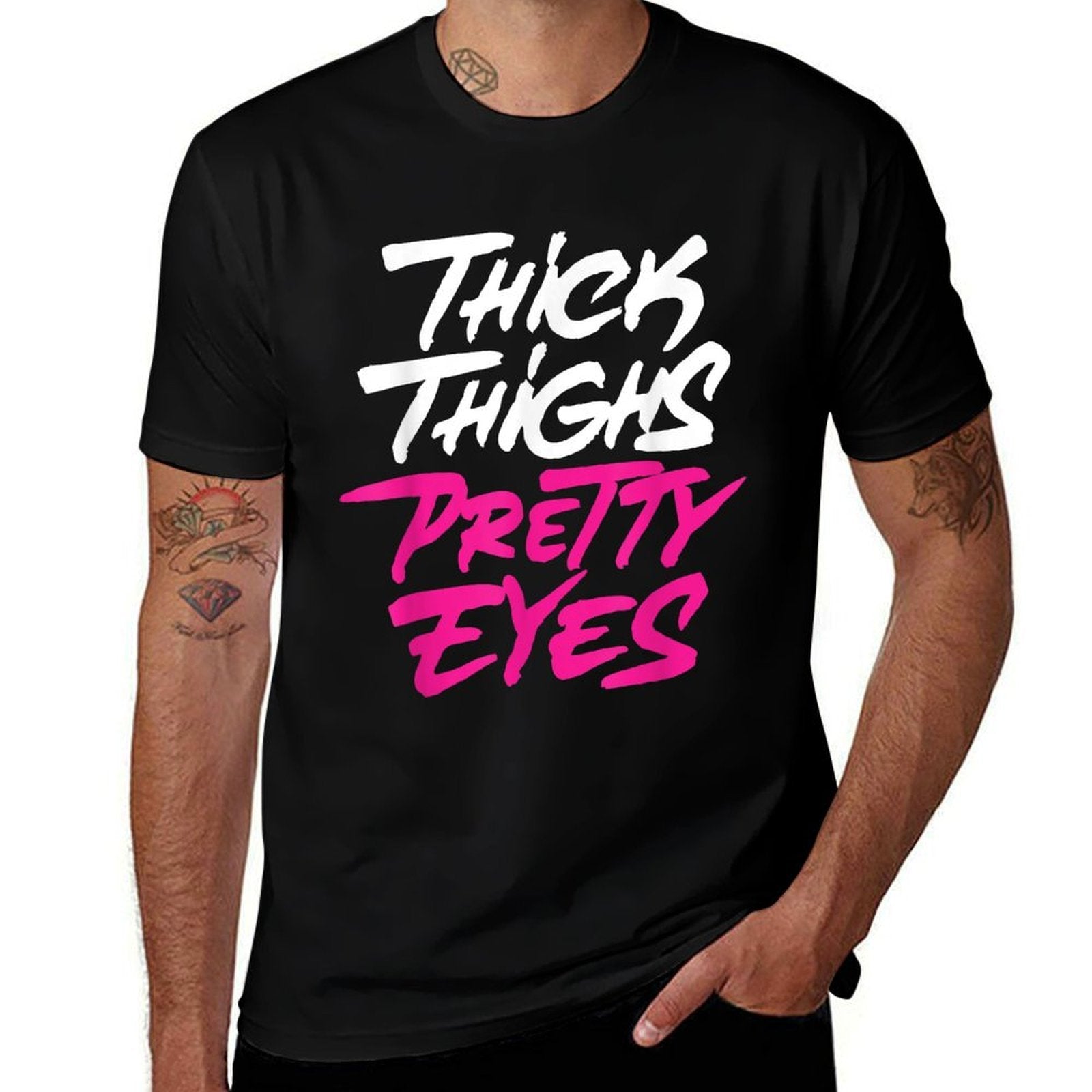 Happy  Positive Quotes And Sayings Thick Thighs Pretty Eyes Womens Gift Plus Size Girls Funny Black Small Classic Fit Cotton, Po  Slim-fit Cut T-Shirt