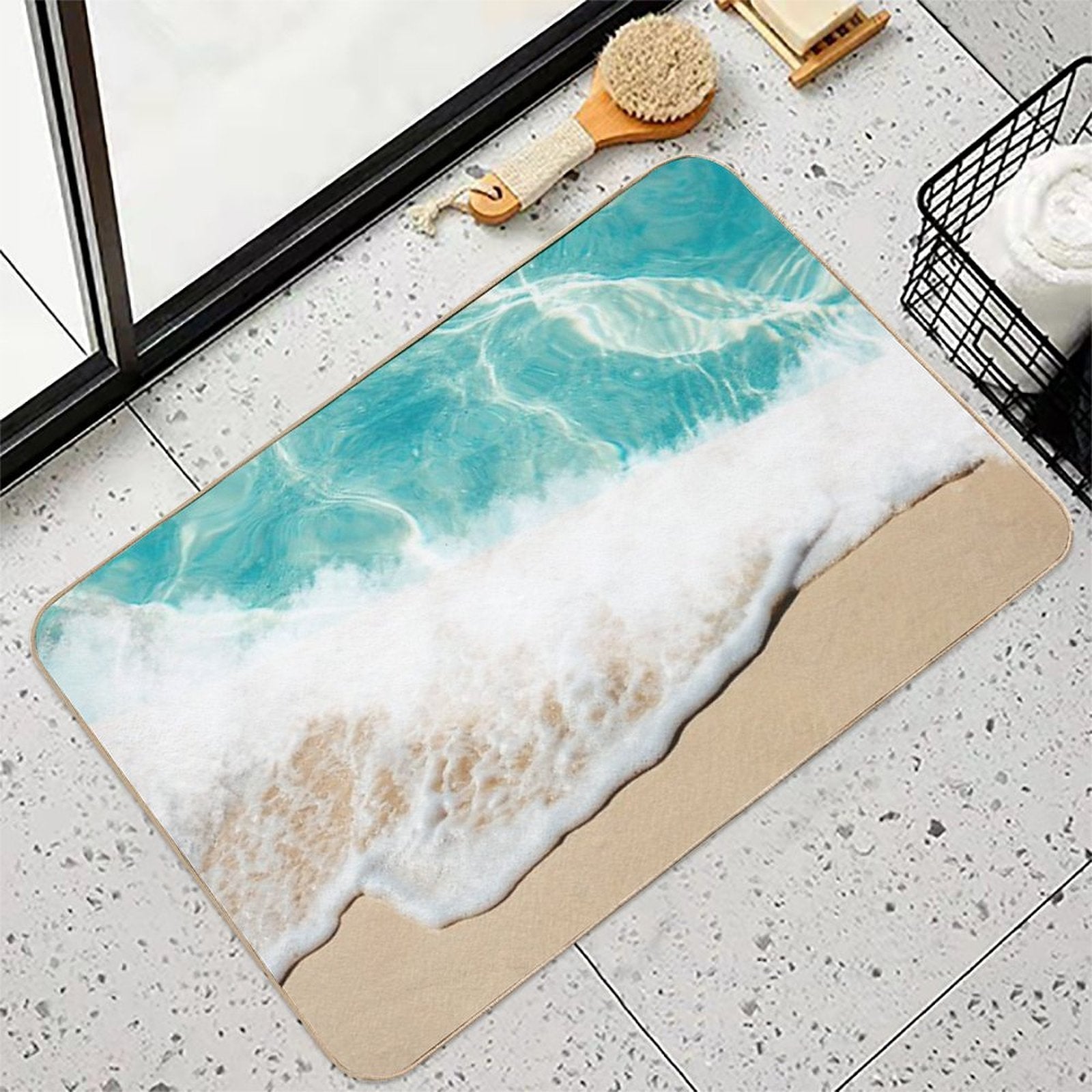 Turquoise Blue Beach Sand And Waves Design  Anti-Trip Bath Mat