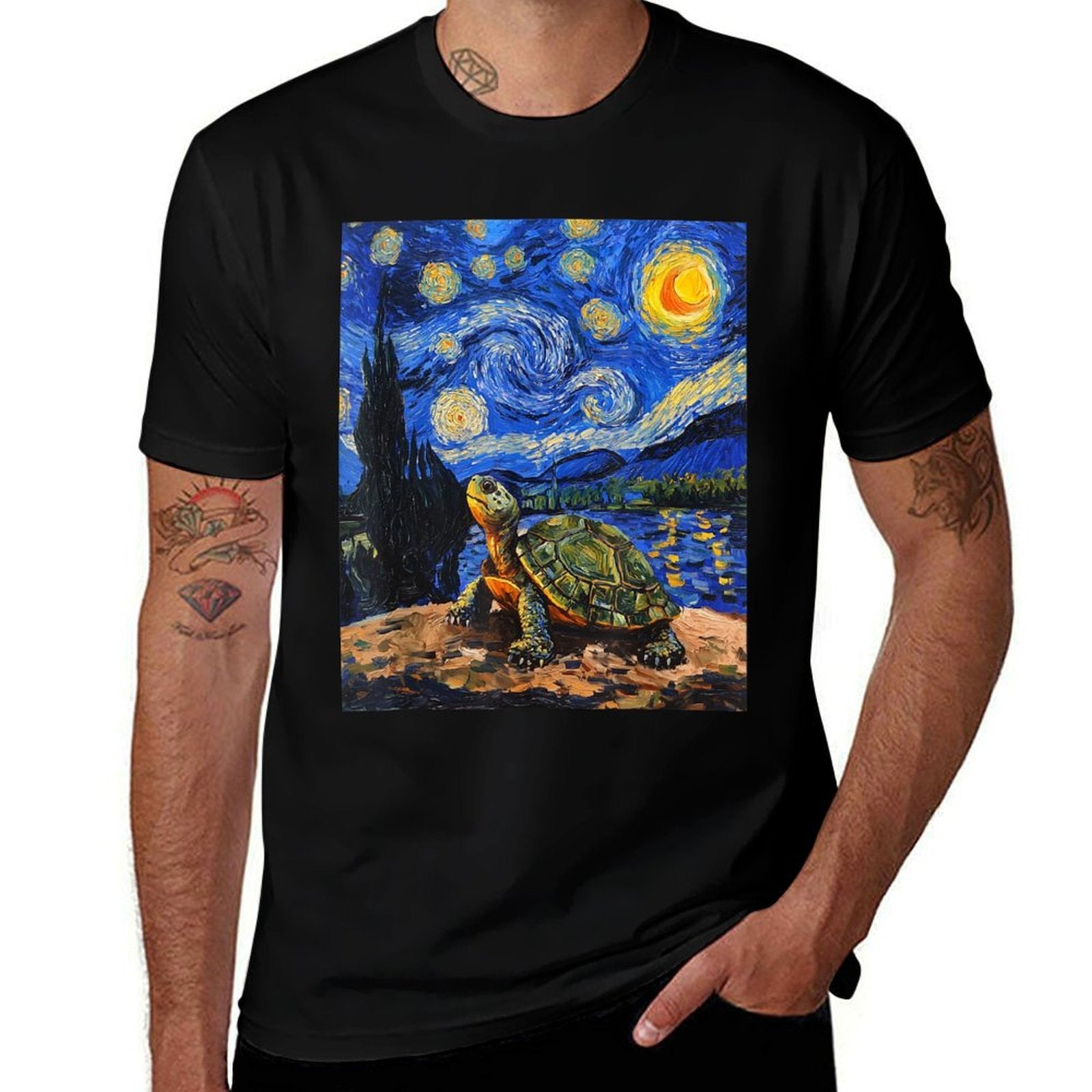 Cute Tortoise Turtle - Van Gogh Style - Starry Night  Oversized Silhouette T-Shirt