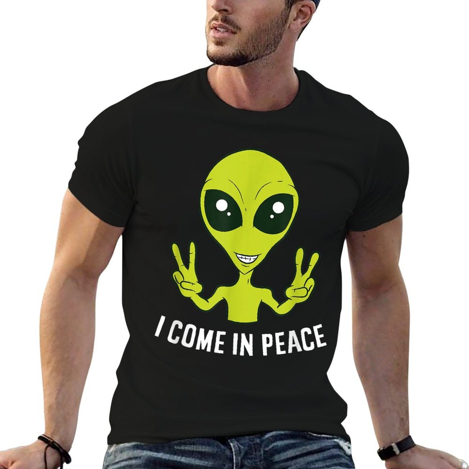 Cute Alien I Come In Peace Space Rave EDM Music Alien  Fade-proof Color T-Shirt