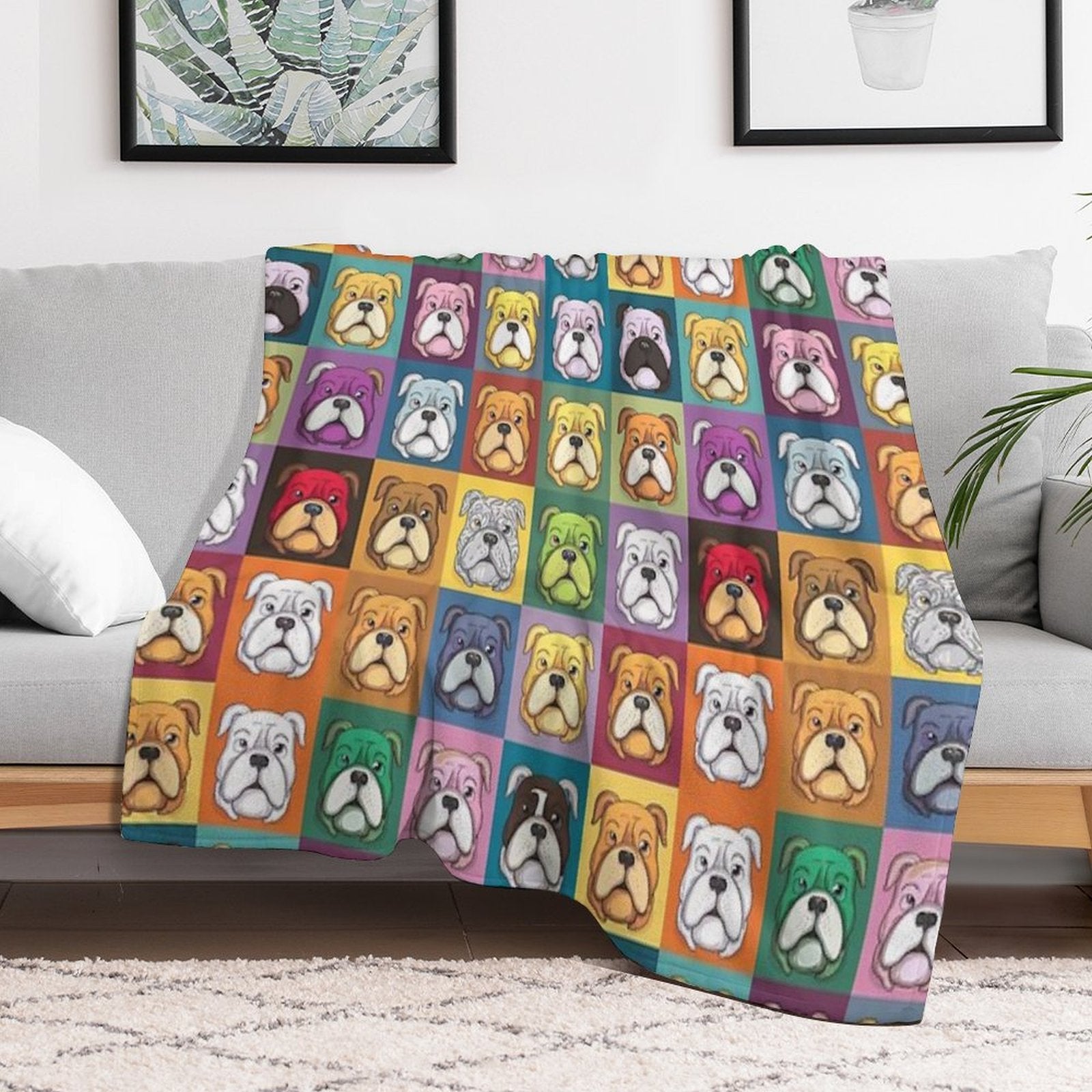 Bulldog Patchwork Vivid Canine Quilt Versatility Throw Blanket