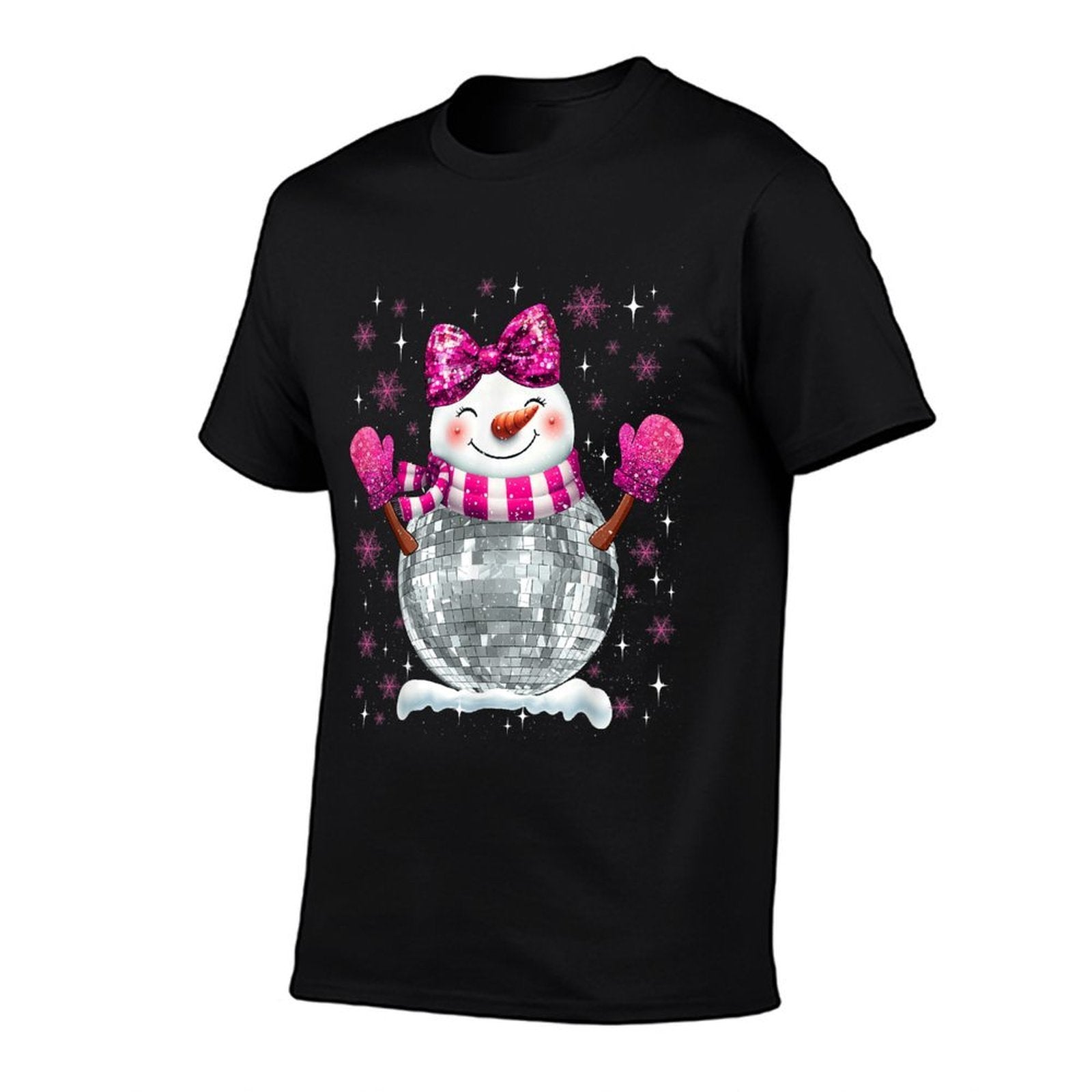 Cute Snowman Disco Ball Christmas Coquette Bow Women Girls  Eco-friendly Material T-Shirt