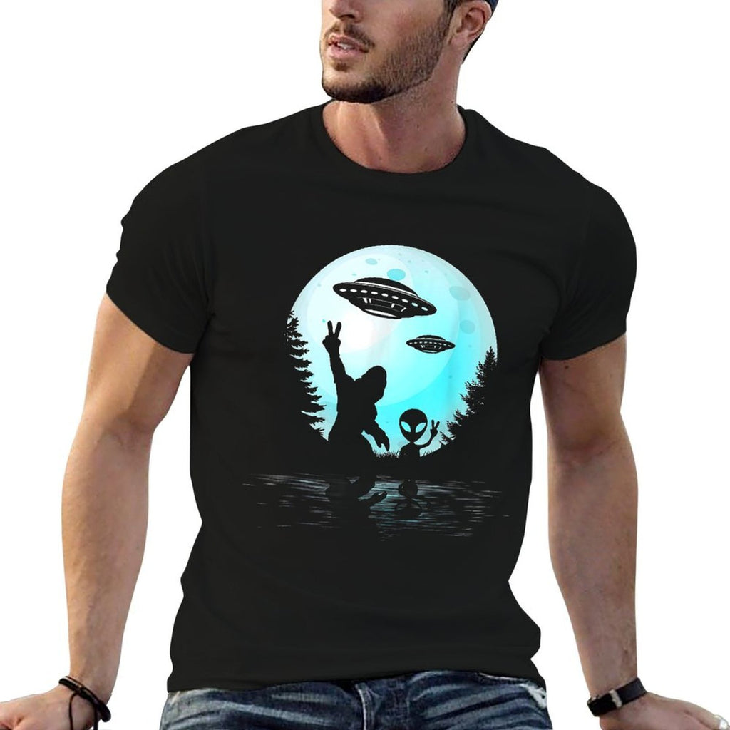 Alien And Bigfoot Full Moon Sasquatch UFO For Men Women Kids  Rolled Sleeves T-Shirt