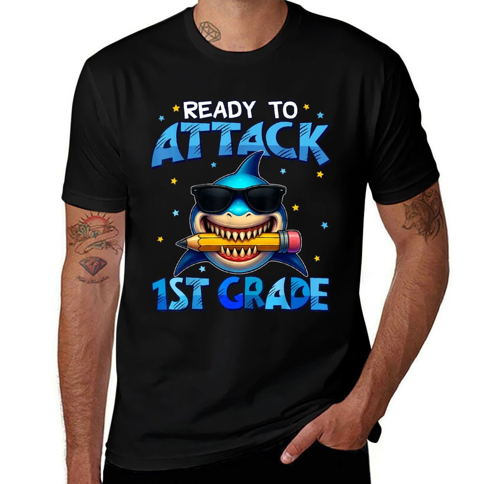 Ready To Attack 1st Grade Shark First Day Of School Boys  Oversized Silhouette T-Shirt