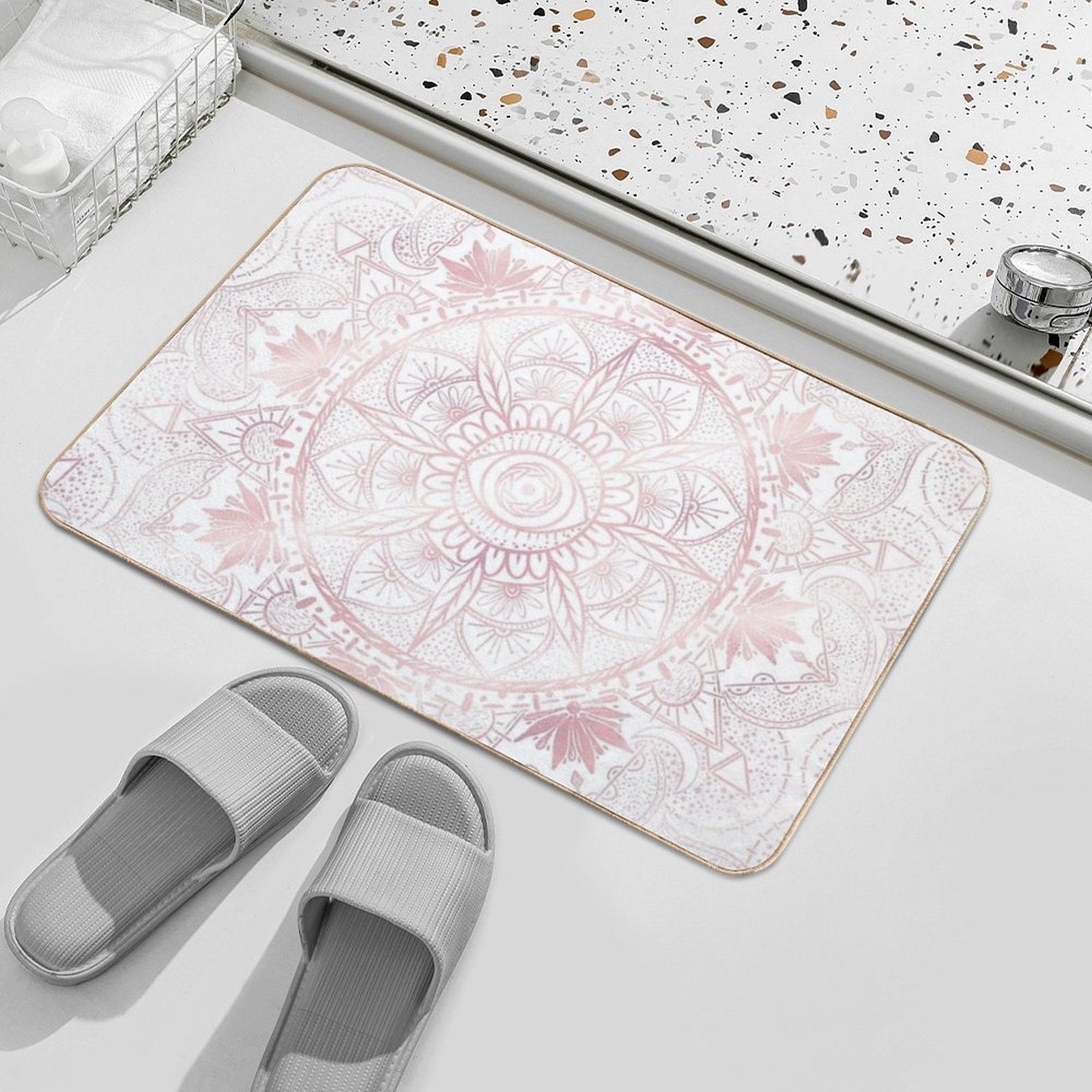 Elegant White Rose Gold Eye Sun Moon Mandala  Non-Slip Bath Mat