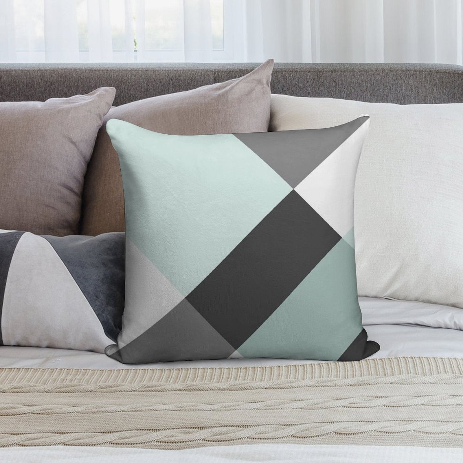 Duck Egg & Grey Patchwork Soft Shrink-Resistant Throw Pillow