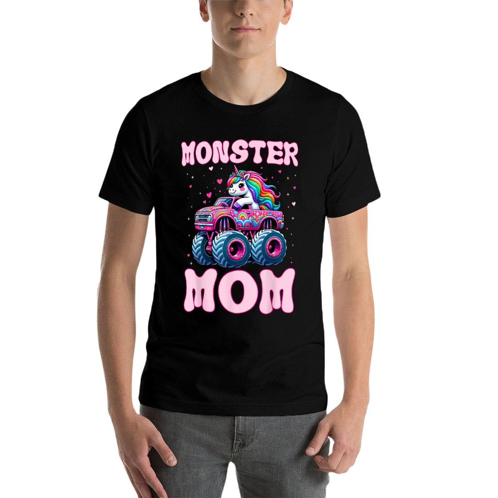 Funny Cute Unicorn Riding A Pink Monster Mom Truck Lovers  Summer-ready Fabric T-Shirt