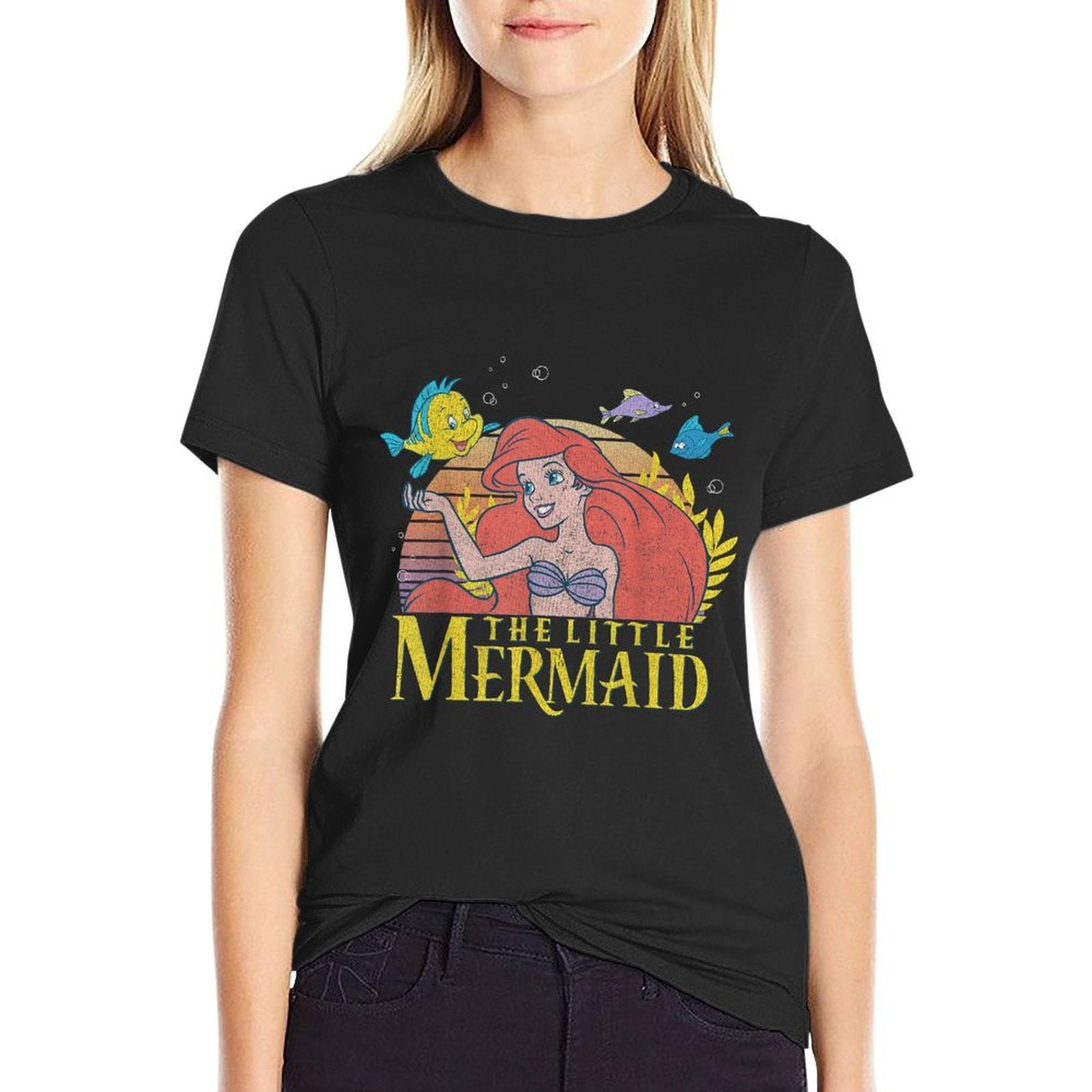 Disney The Little Mermaid Ariel & Flounder Vintage Sunset  Trendy Pattern T-Shirt