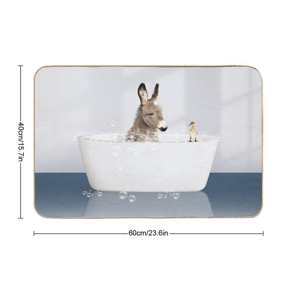 Baby Donkey And Duckling in Modern Bathtub Blue Print, Donkey Bathing, Animals in Bathtub Art by Synplus  Eco-Friendly Bath Mat