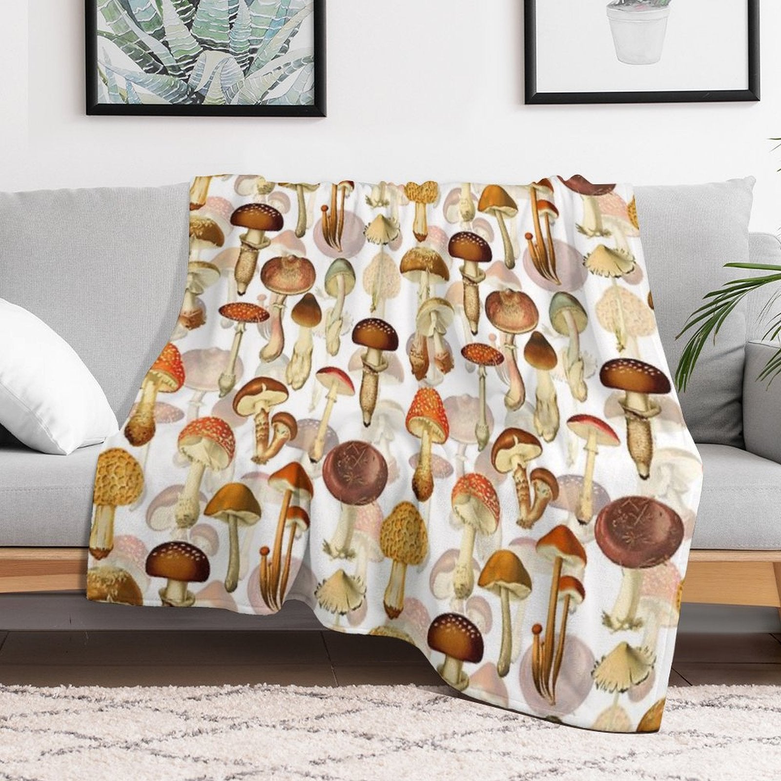 Vintage Toxic Mushrooms Forest Botanical Garden Pattern on White Nightgarden Sustainable Throw Blanket