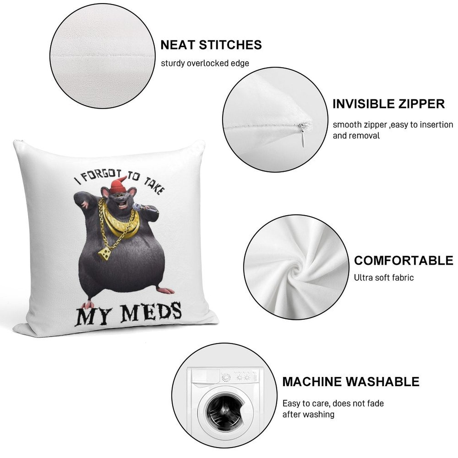 Biggie Cheese I Forgot to Take My Meds Soft Durable Construction Throw Pillow