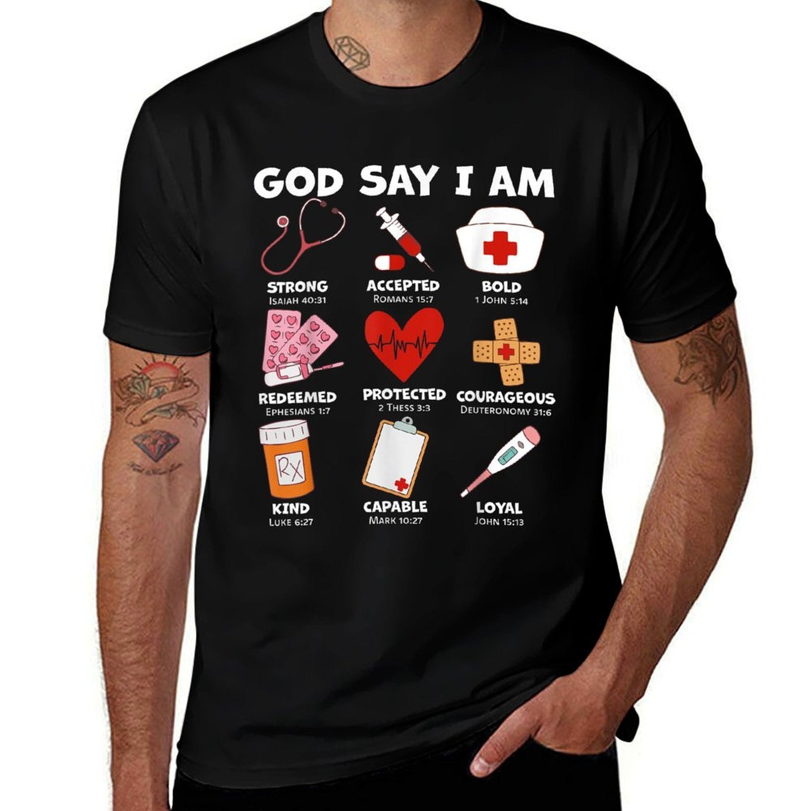 God Says I Am Nurse Strong Protected Religious Nurse Nursing  Graphic-printed T-Shirt