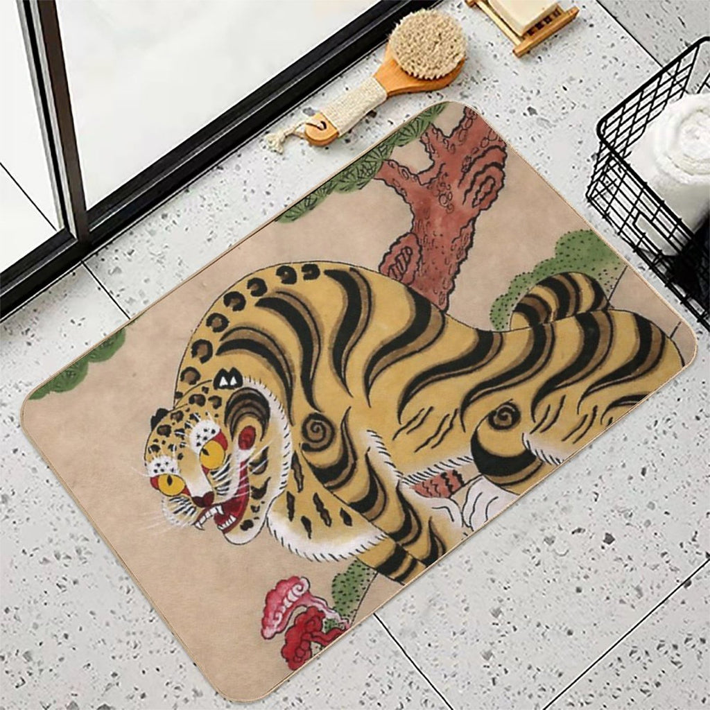 Striped Korean Minhwa Tiger with Magpies  Fade-Resistant Bath Mat