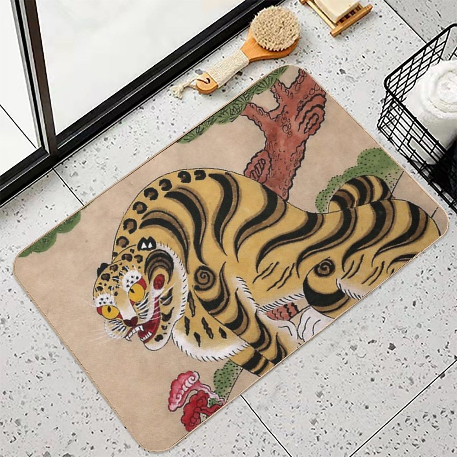 Striped Korean Minhwa Tiger with Magpies  Fade-Resistant Bath Mat