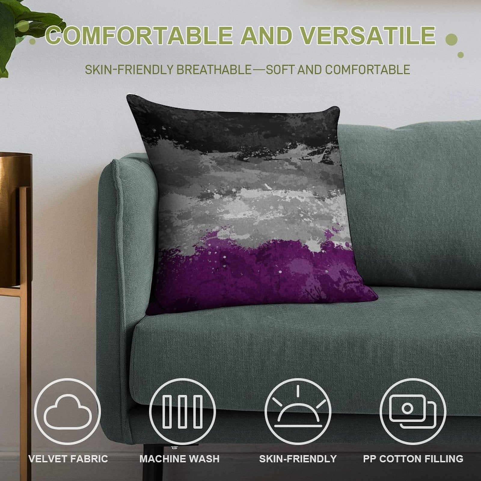 Abstract Paint Splatter Asexual Pride Flag Pattern Soft Gift Ready Throw Pillow