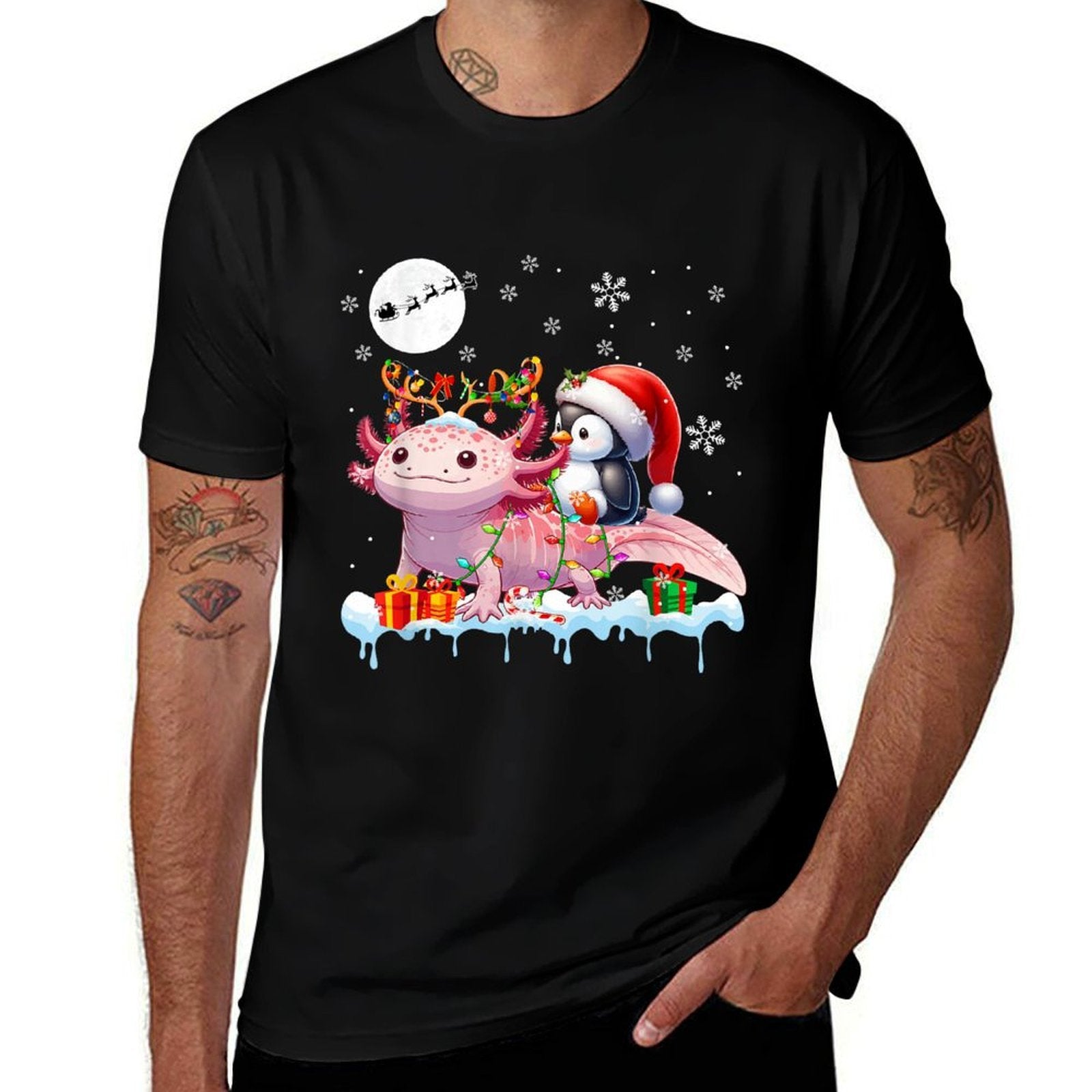 Santa Penguin Riding Axolotl Reindeer Christmas Sea Animal  Versatile T-Shirt