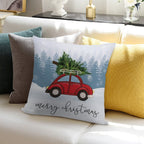 Red Car with Christmas Tree on Roof Soft Home Decor Throw Pillow