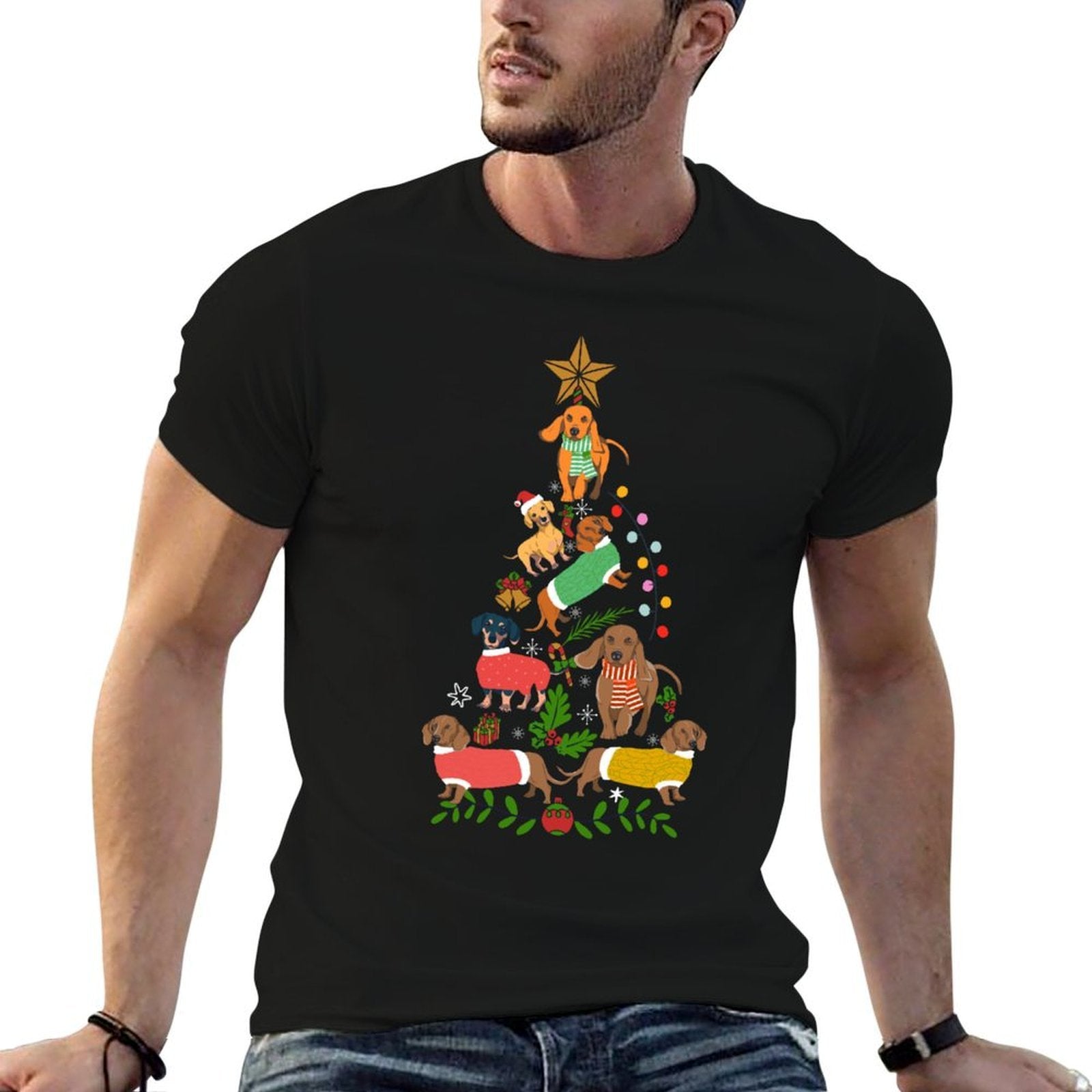 Cute Christmas Dachshund Tree Clothes Dog Lover Holiday Gift  Fade-proof Color T-Shirt