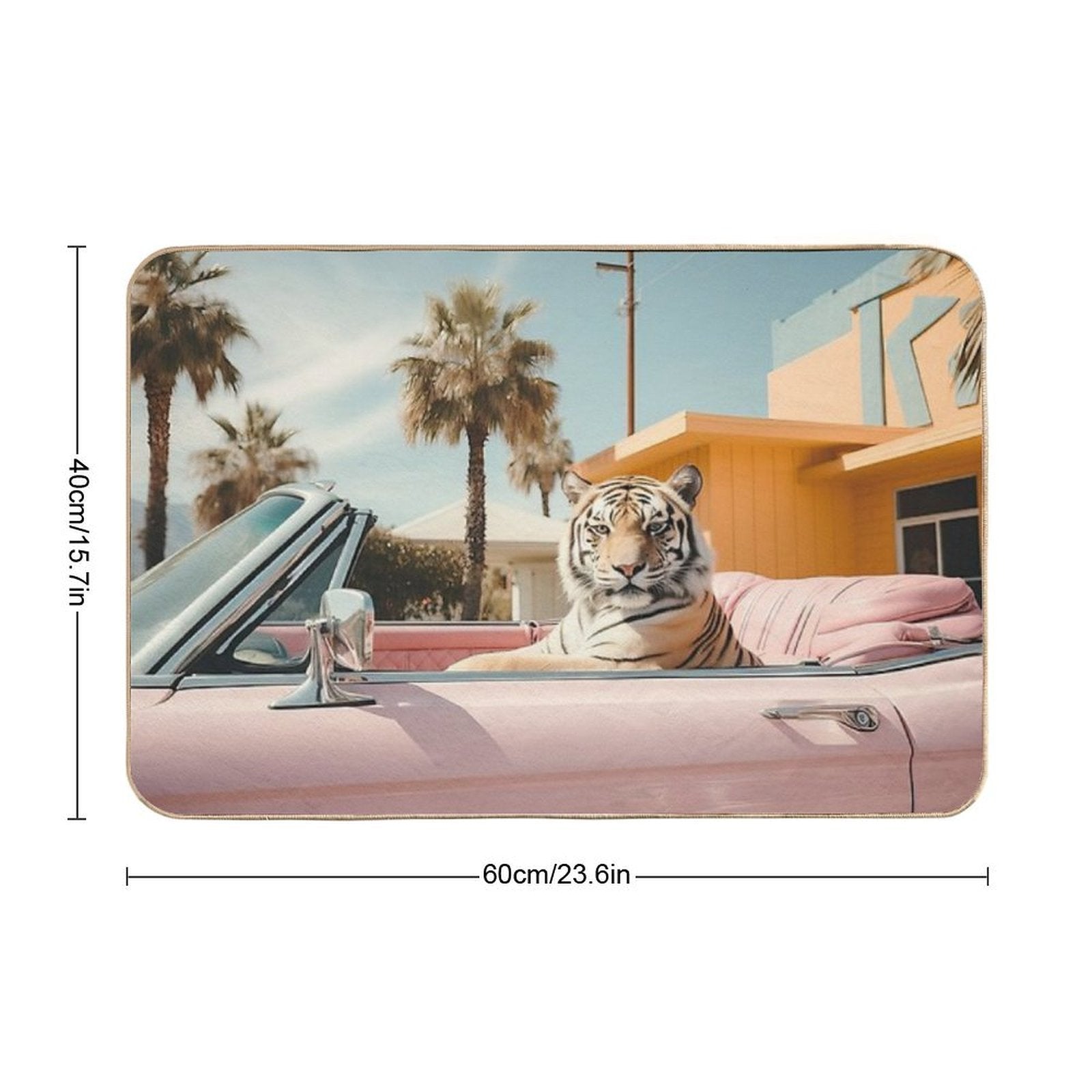 Cool Tiger in A Pastel Cabrio in Palm Springs  Easy To Clean Bath Mat