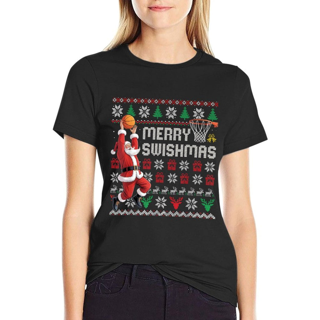 Merry Swishmas Basketball Ugly Christmas Sweater Men Boys  Slim-fit Cut T-Shirt