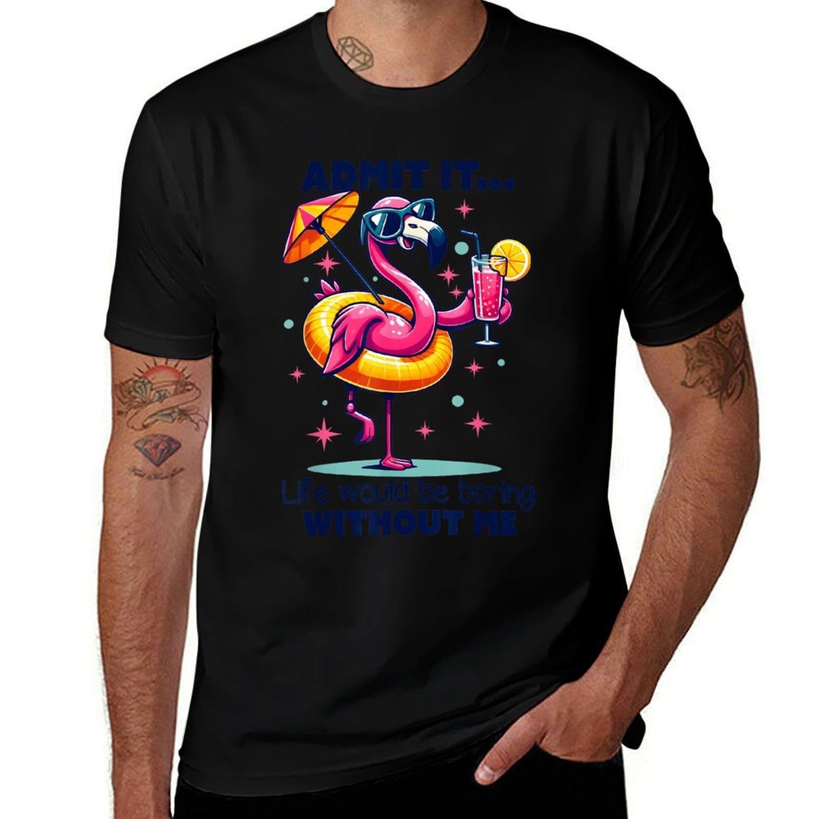 Pink Flamingo Drinking Cocktails Summer Vacation Beach Funny  Relaxed-fit T-Shirt
