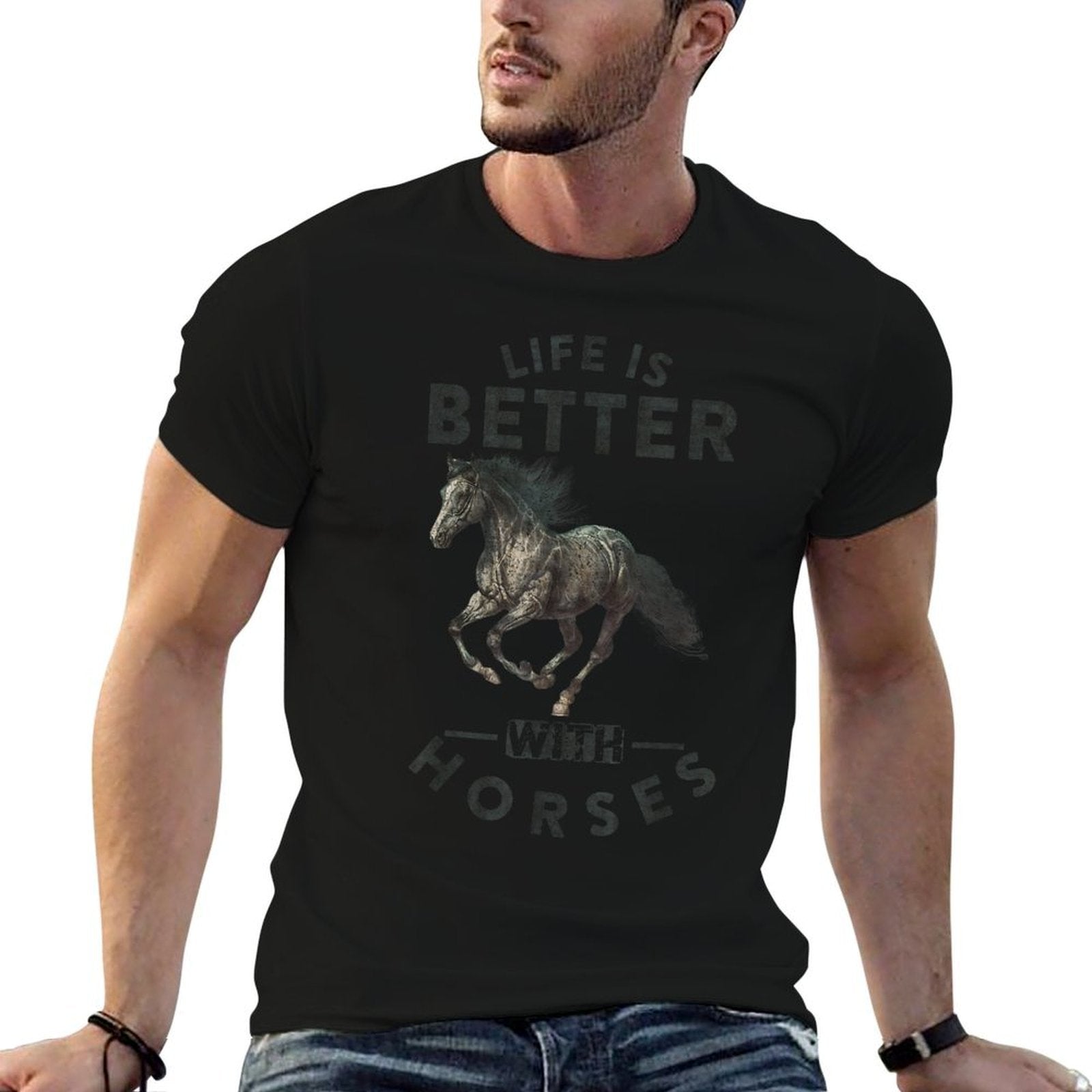 Life Is Better With Horses Funny Horseback Riding - Unisex-Adults, Grey, Small,,, Letter Print, Crew Neck, Classic Fit, Pull On,  Eco-friendly Material T-Shirt