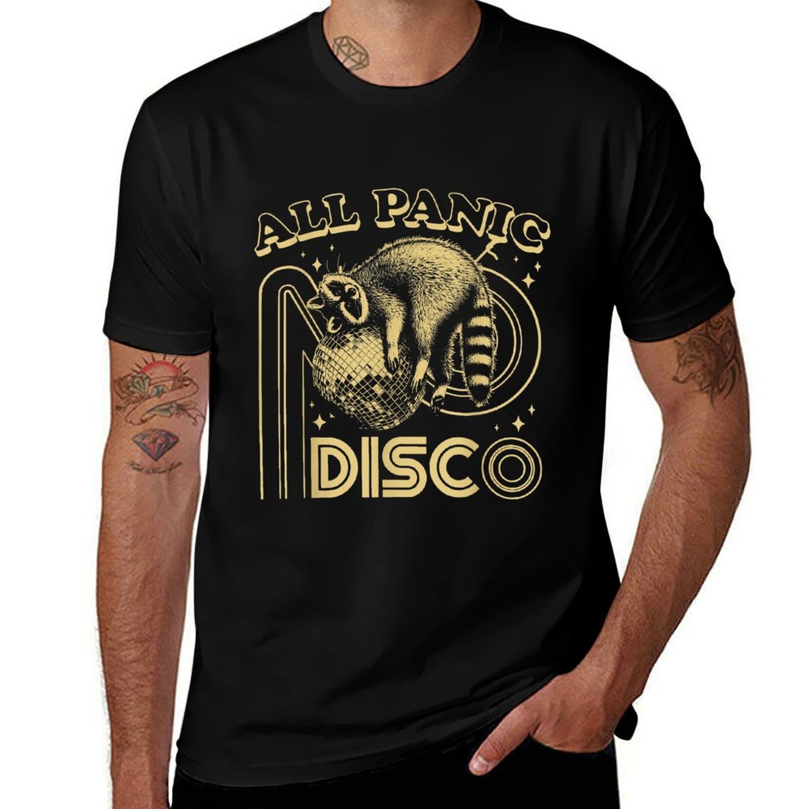 Funny Raccoon Meme All Panic No Disco Retro Street Cat Men Women Kids  Stretchy T-Shirt