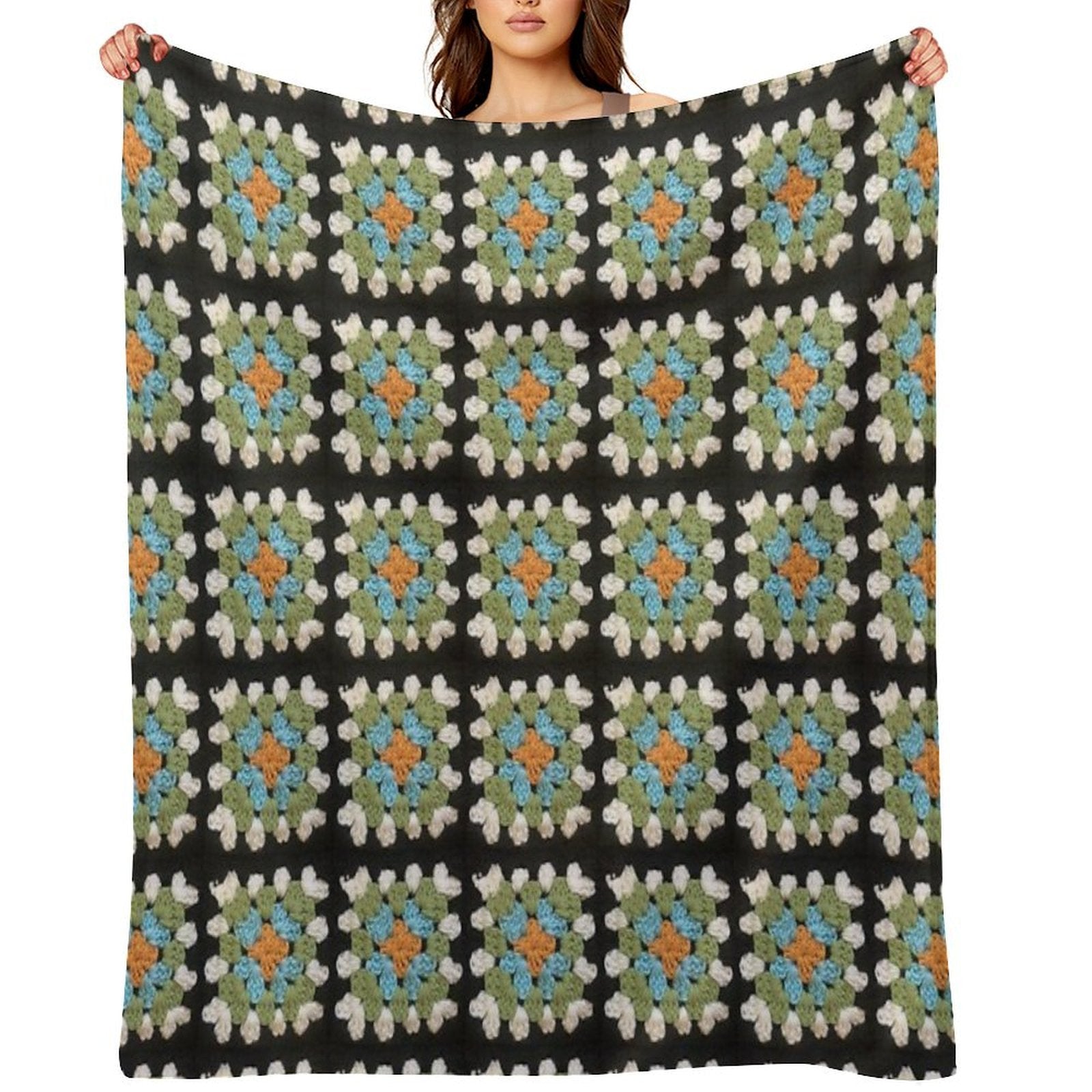 Orange, Blue And Green Granny Square Premium Throw Blanket