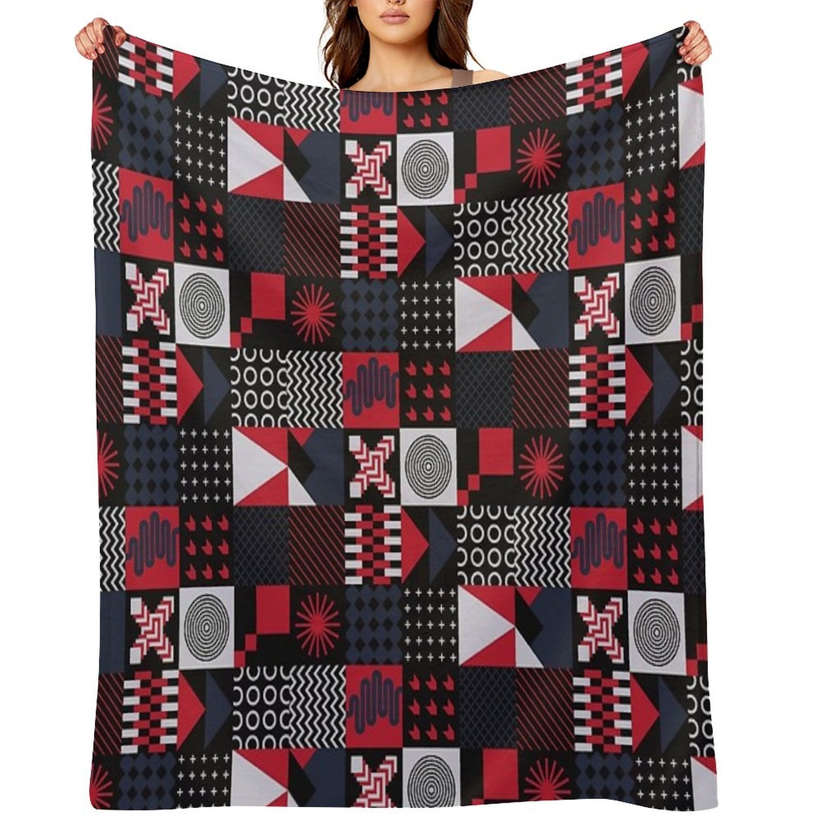 Geometric Aesthetic Black White Blue Red Shrink-resistant Throw Blanket