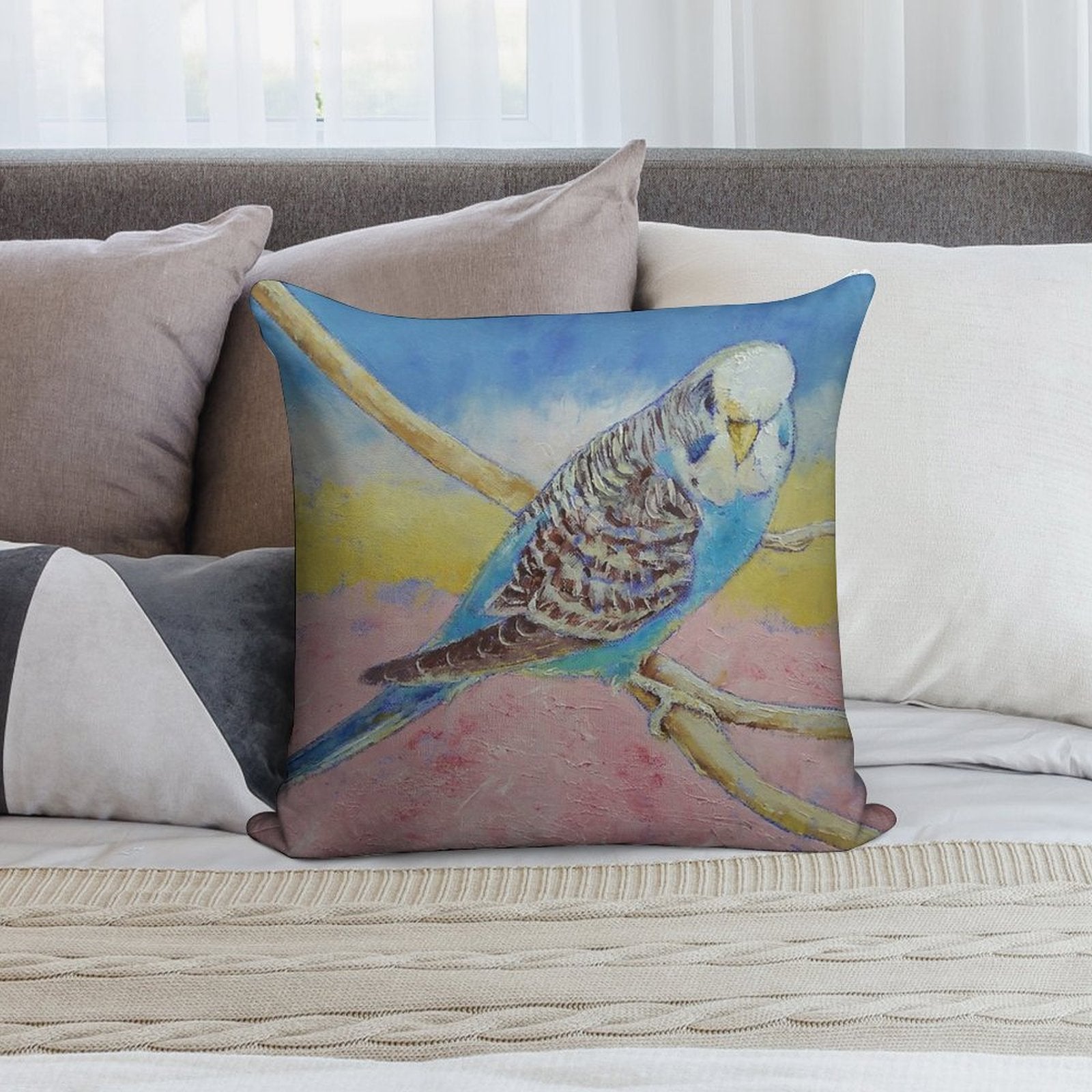 Sky Blue Budgie Soft Fade-Resistant Throw Pillow