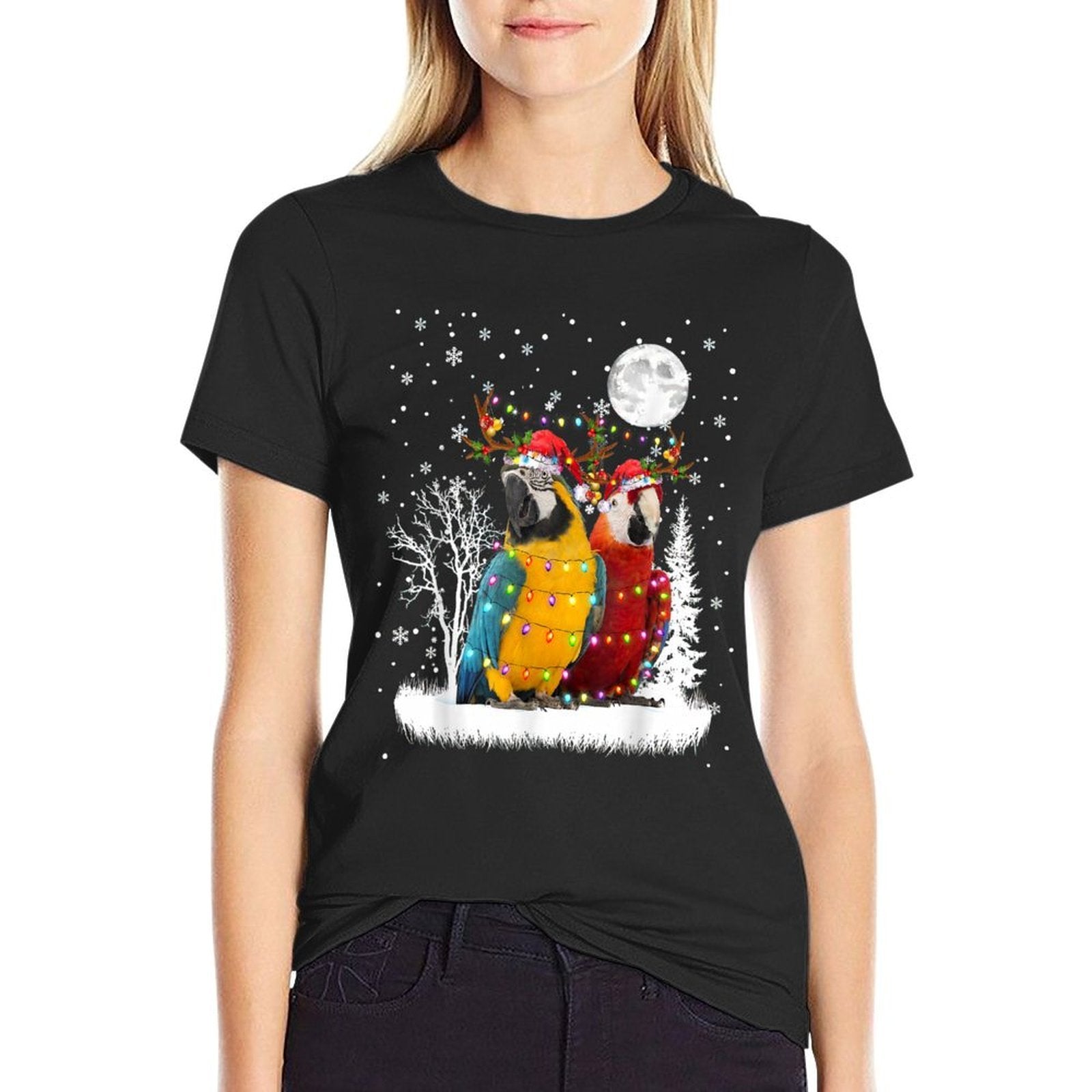 Parrot Under Moonlight Snow Christmas Pajama  Breathable T-Shirt