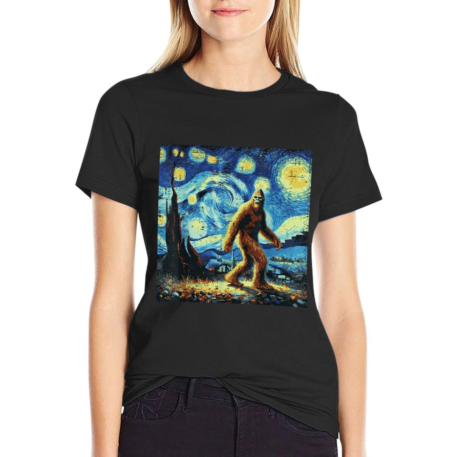 Bigfoot Sasquatch Starry Night Funny Meme Men Women Kids  Cotton T-Shirt