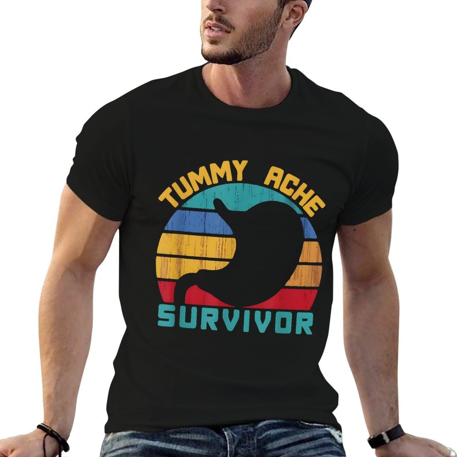 Tummy Ache Survivor Vintage Retro Sunset Stomach Hurts Memes  Fade-proof Color T-Shirt