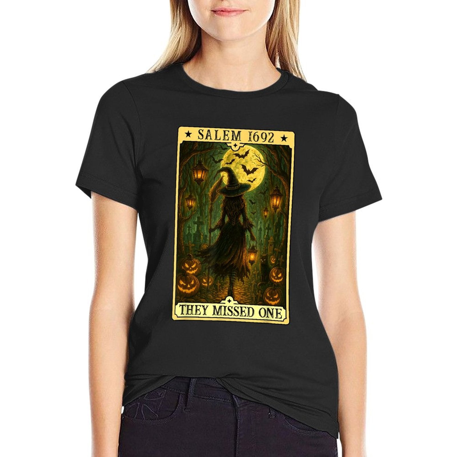 Salem 1692 Halloween Witch They Missed One Tarot Card Women  Stretchy T-Shirt