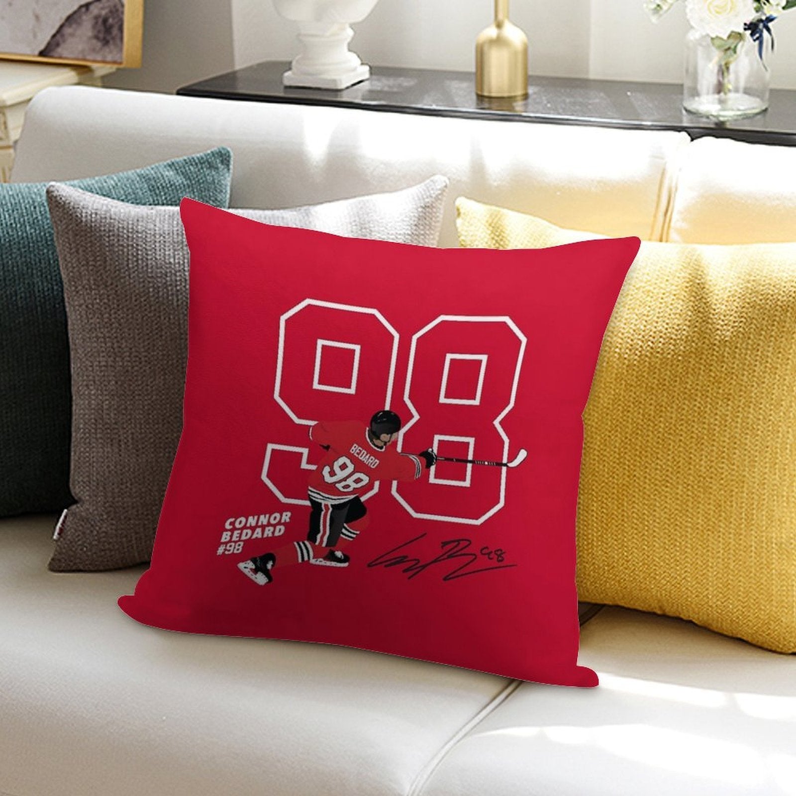 Connor Bedard Blackhawks #98 Signature Art Soft Washable Throw Pillow