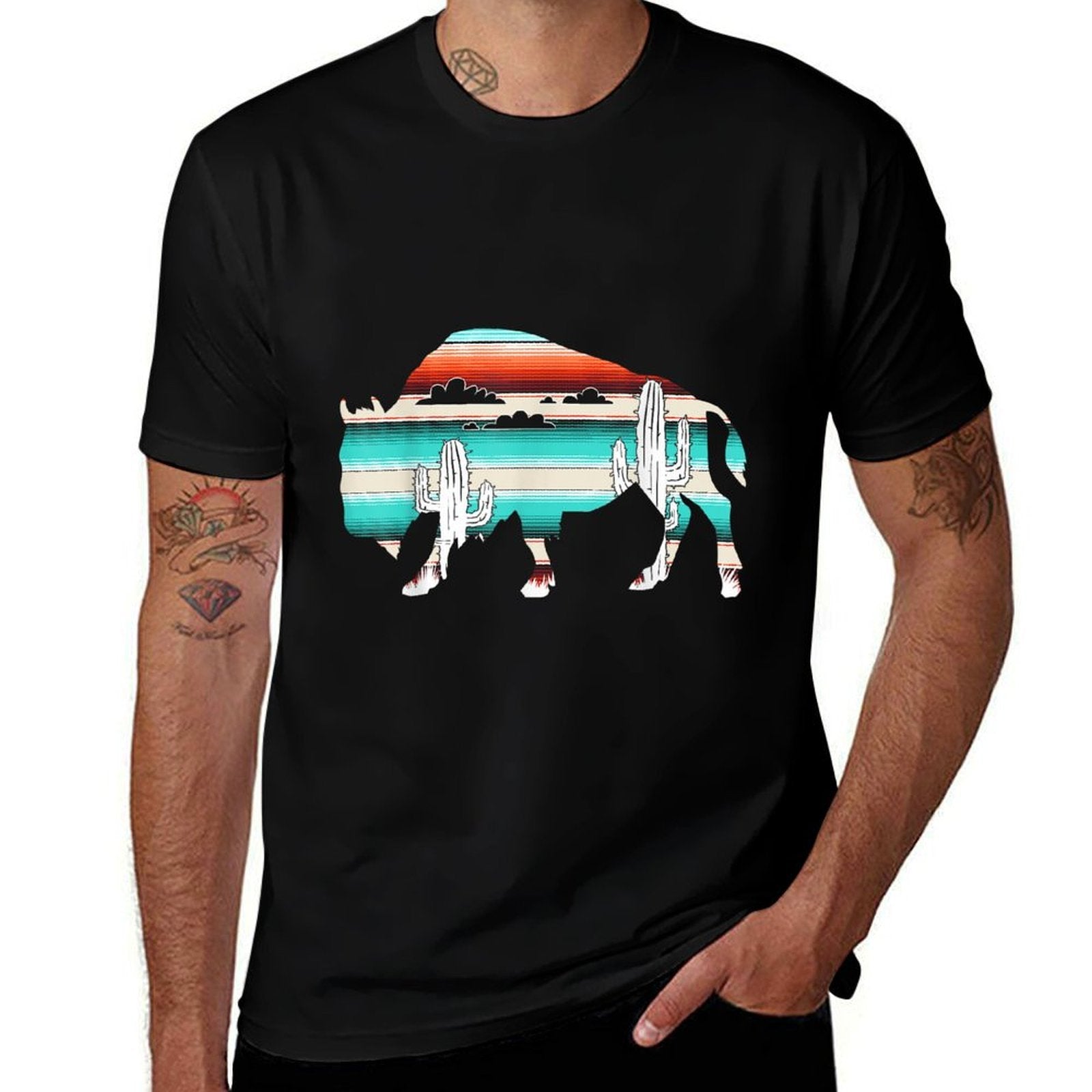 Funny Bison Desert Cactus Serape Western  Durable T-Shirt