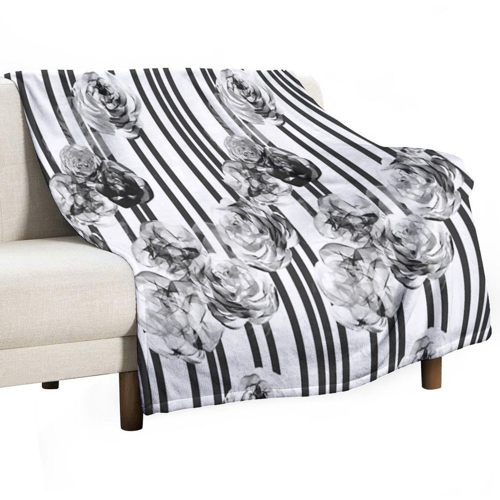 Monochrome Roses & Stripes – Modern Black And White Floral Art Quick-dry Throw Blanket
