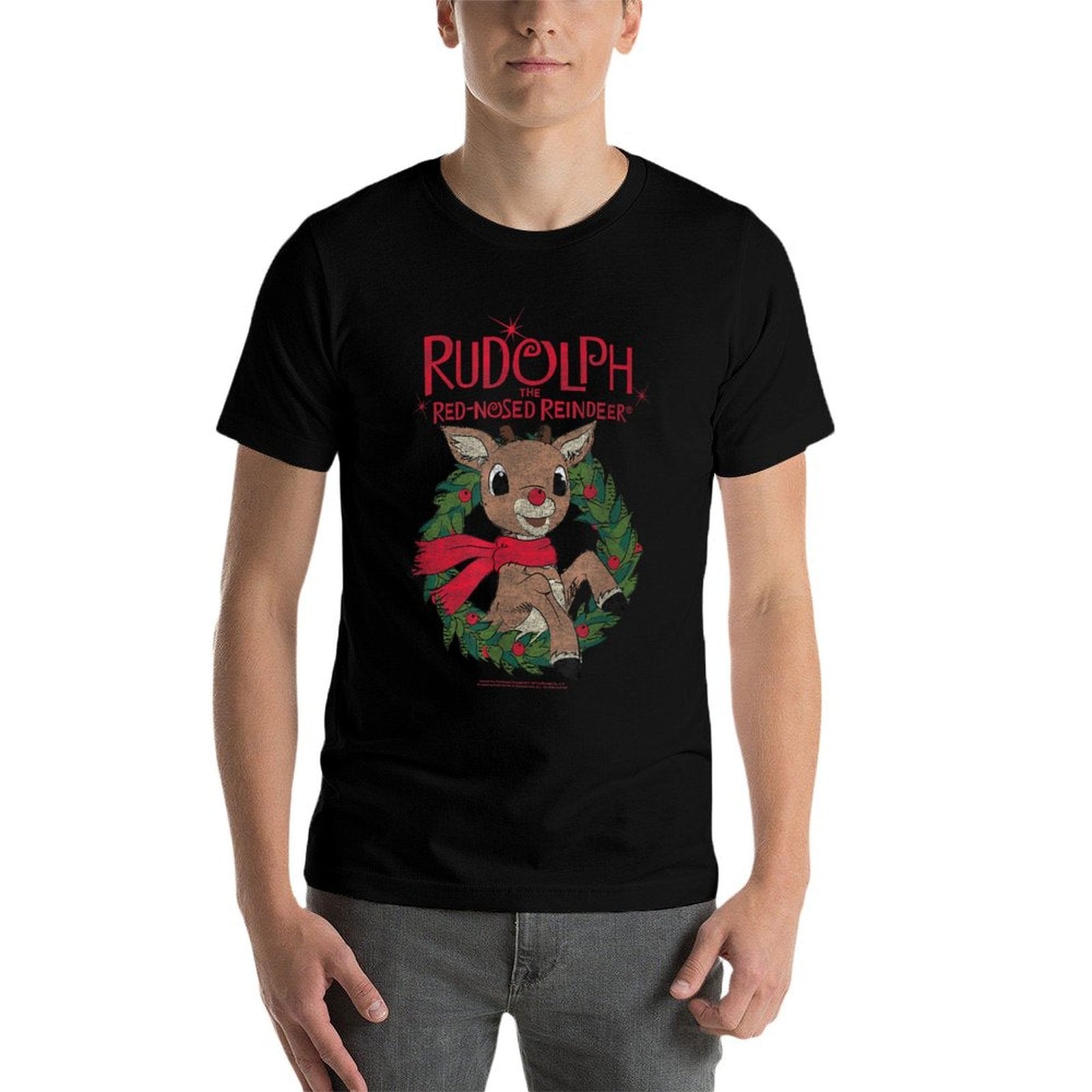 Rudolph Holiday Wreath Illustration Vintage Christmas  High-quality Stitching T-Shirt