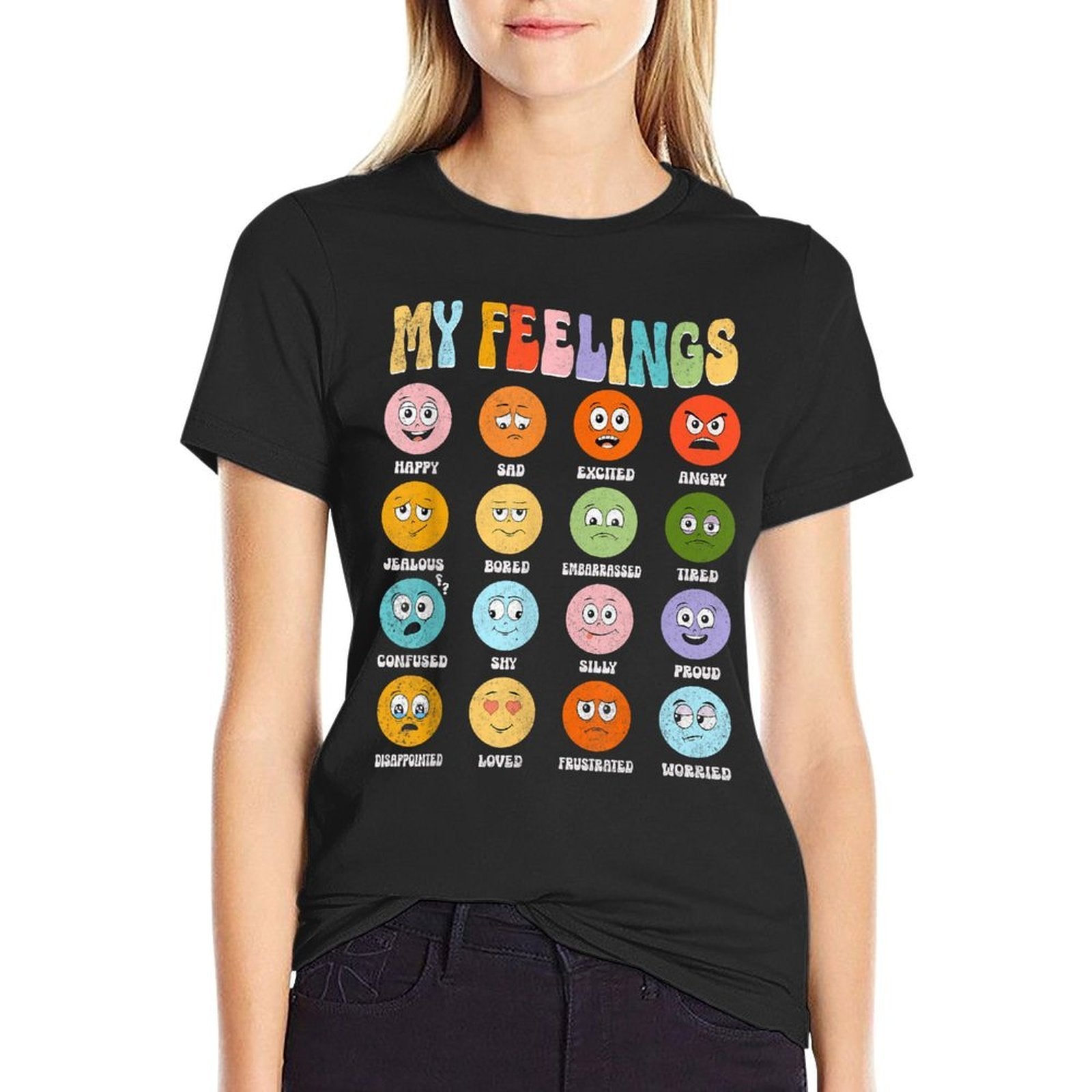 Groovy Retro My Feelings Chart Funny Hippie Face Emotions, Small  Soft T-Shirt