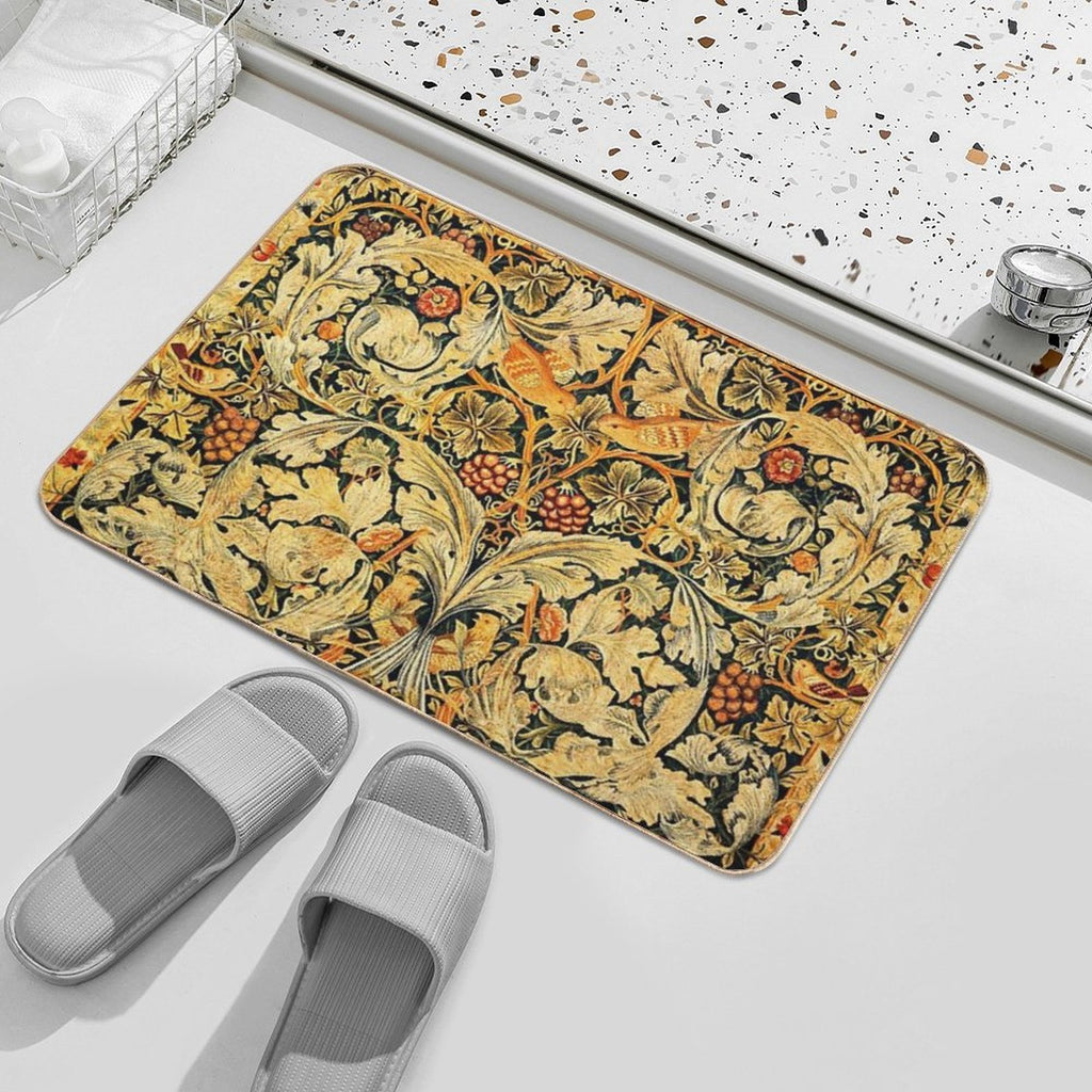 BIRDS ON ACANTHUS LEAVES ,ROSES ,VINE AND GRAPES IN ORANGE YELLOW, Art Nouveau Floral  Odorless Bath Mat