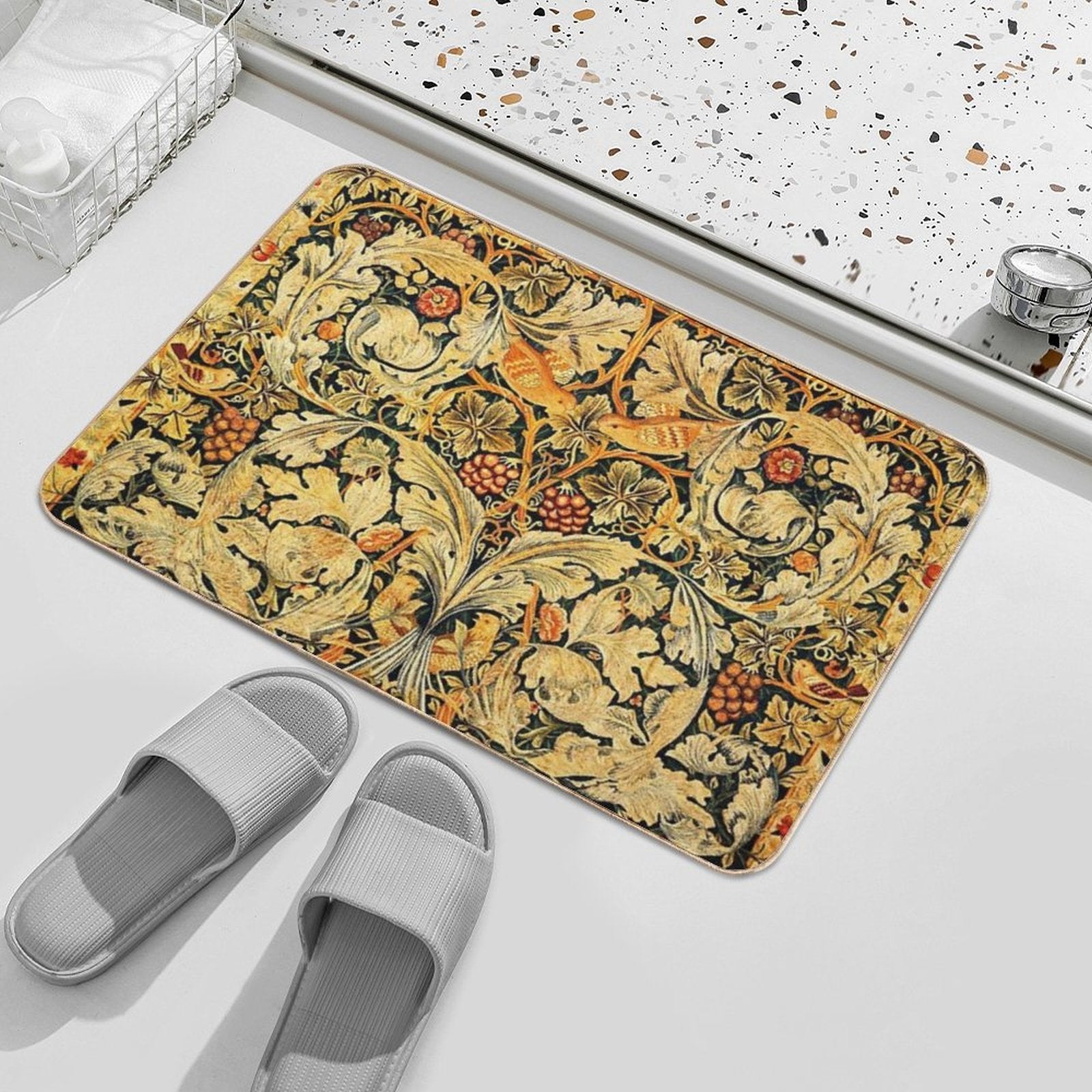 BIRDS ON ACANTHUS LEAVES ,ROSES ,VINE AND GRAPES IN ORANGE YELLOW, Art Nouveau Floral  Odorless Bath Mat