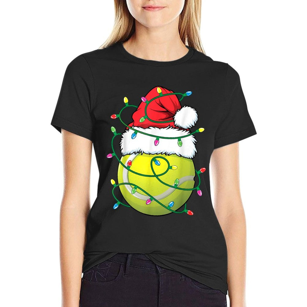 Funny Christmas Tennis Ball Santa Hat Xmas Lights Womens  Polyester Blend T-Shirt