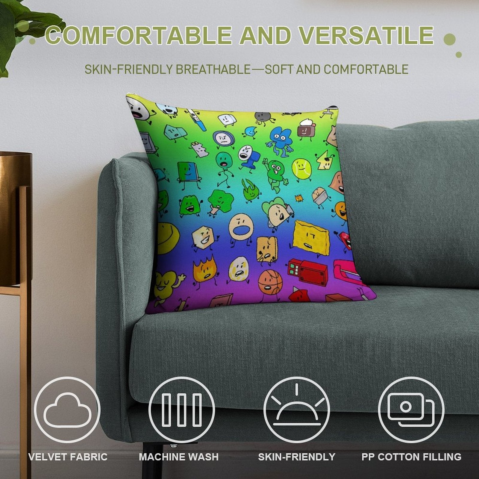 BFDI All Characters (Rainbow) Soft Washable Throw Pillow